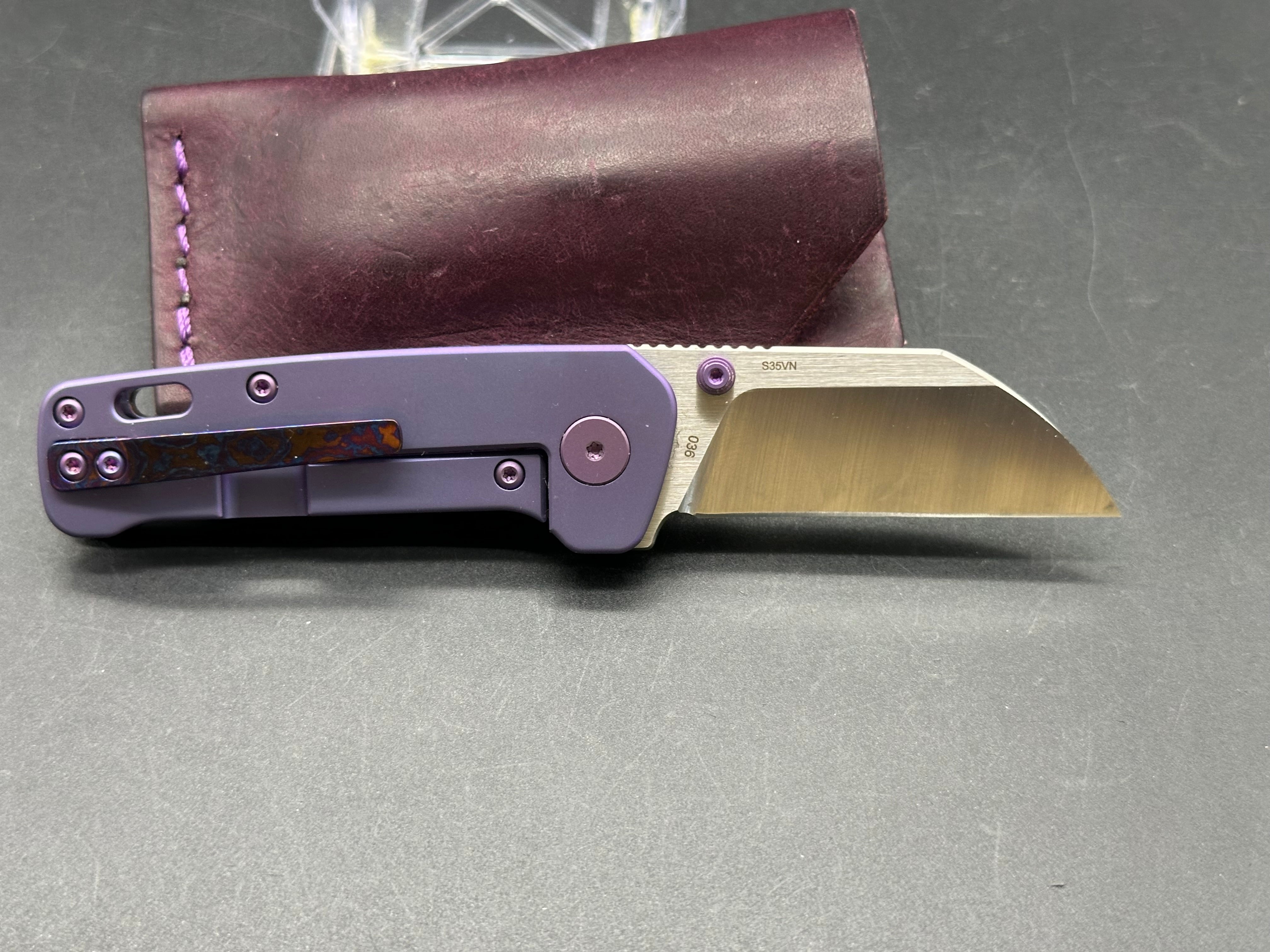 Kaviso QSP Penguin Mini Pocket Knife - Purple Titanium & Timascus Blade with Custom Purple Oak City Leather Slip | EDC, Outdoor, Camping & Everyday Carry Accessories