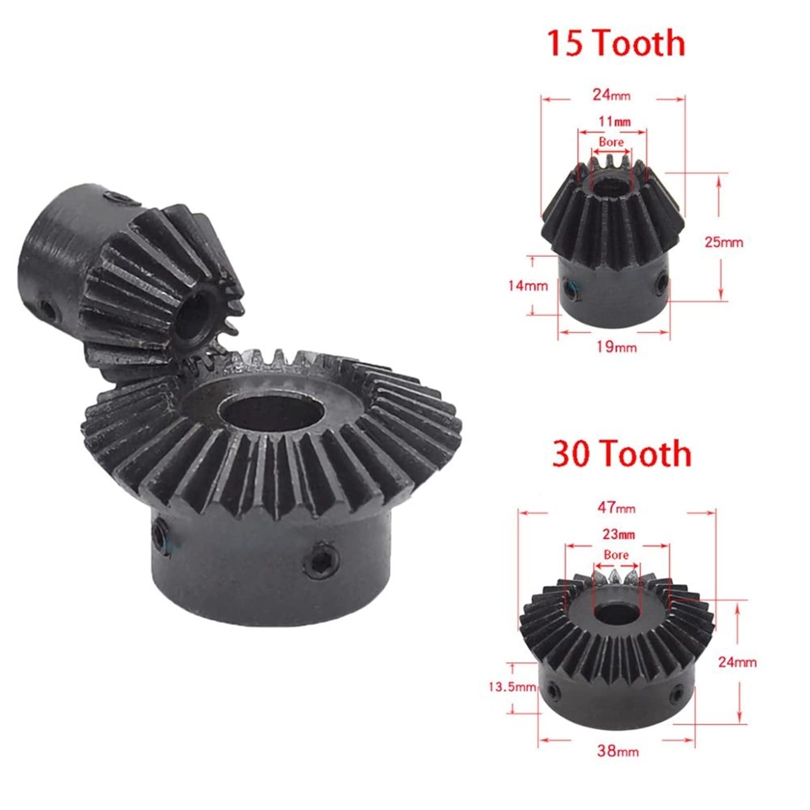 1.5 Module 15T/30T Bevel Gear Set - 1:2 Ratio, 5mm/6mm/8mm/12mm/15mm Bore - Precision Transmission Angle Gears for RC Cars, Robotics & DIY Projects (15 Teeth, 12mm Bore)