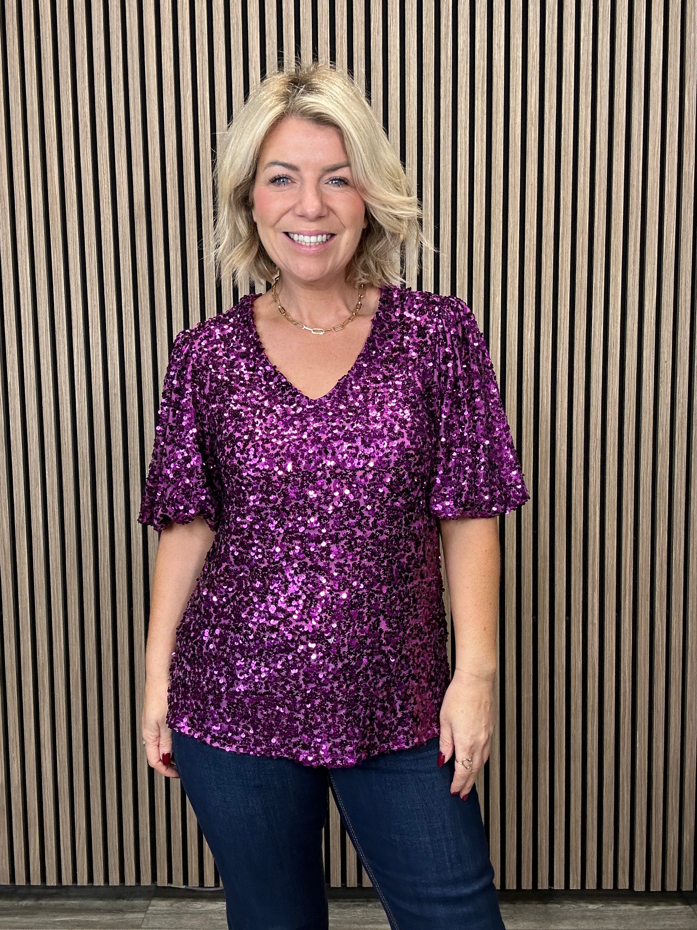 Melanie Sequin Top for Women - Sparkly Magenta Party Blouse for Night Out, Clubwear, and Special Occasions