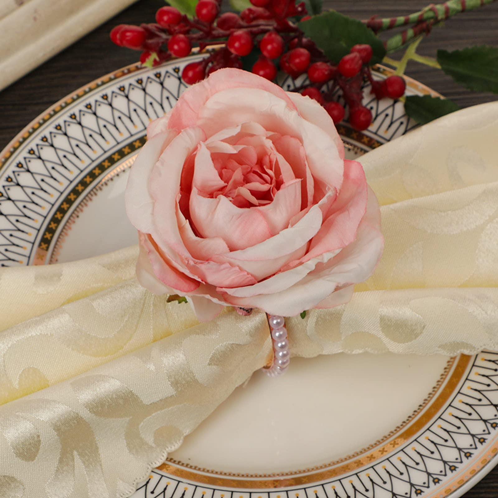 Handmade Silk Rose Napkin Rings Set of 4 - Pearl Decor Floral Napkin Holders for Wedding, Valentine's Day, Banquet, Christmas & Birthday Party - Elegant Table Setting for Romantic Dinners & Special Occasions