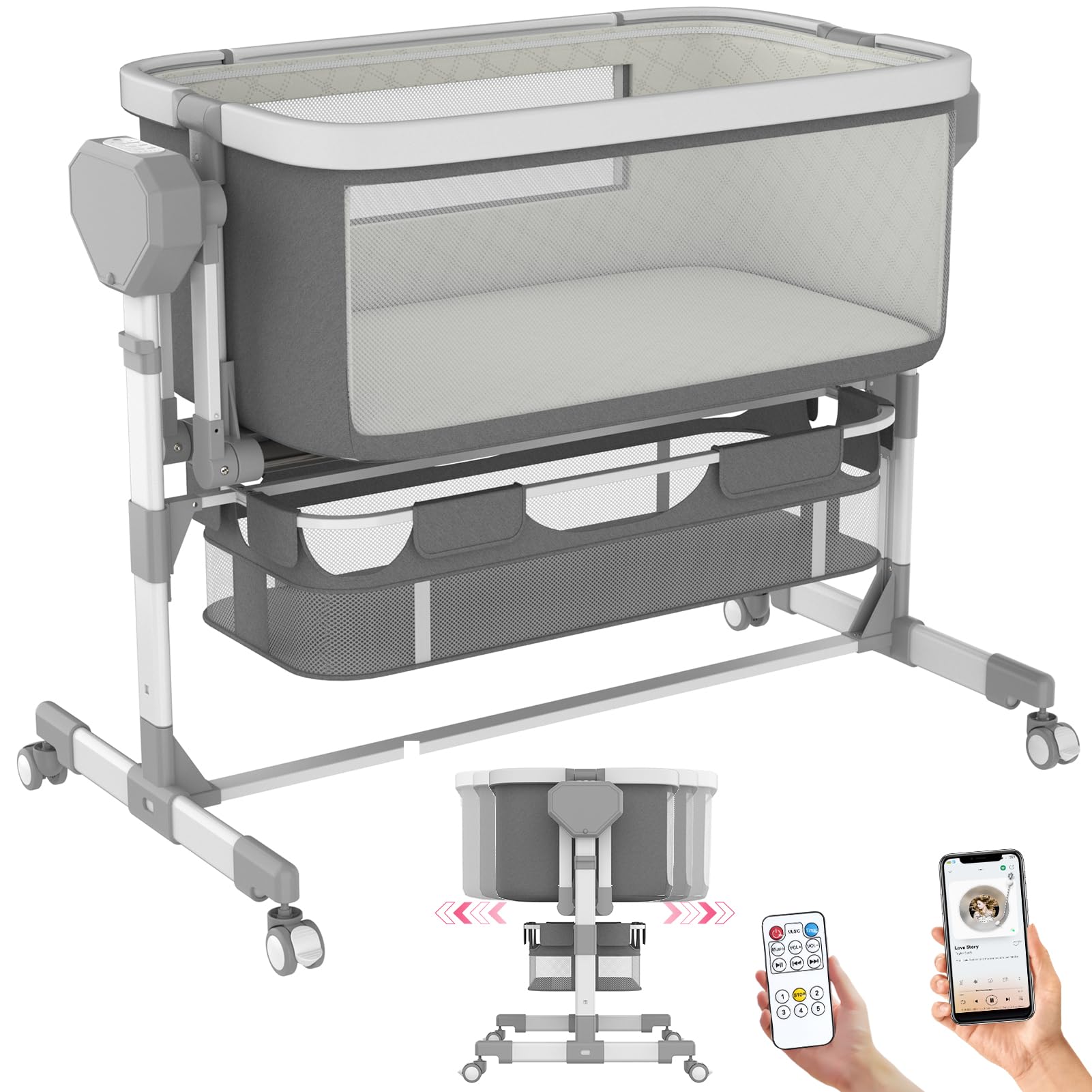 Electric Rocking Bassinet for Babies - Bluetooth Enabled Automatic Baby Crib with Wheels, 6-Level Height Adjustable Bedside Sleeper, 5-Speed Swing Smart Rolling Crib for Newborns | Perfect for Nursery, Bedroom & Travel Use