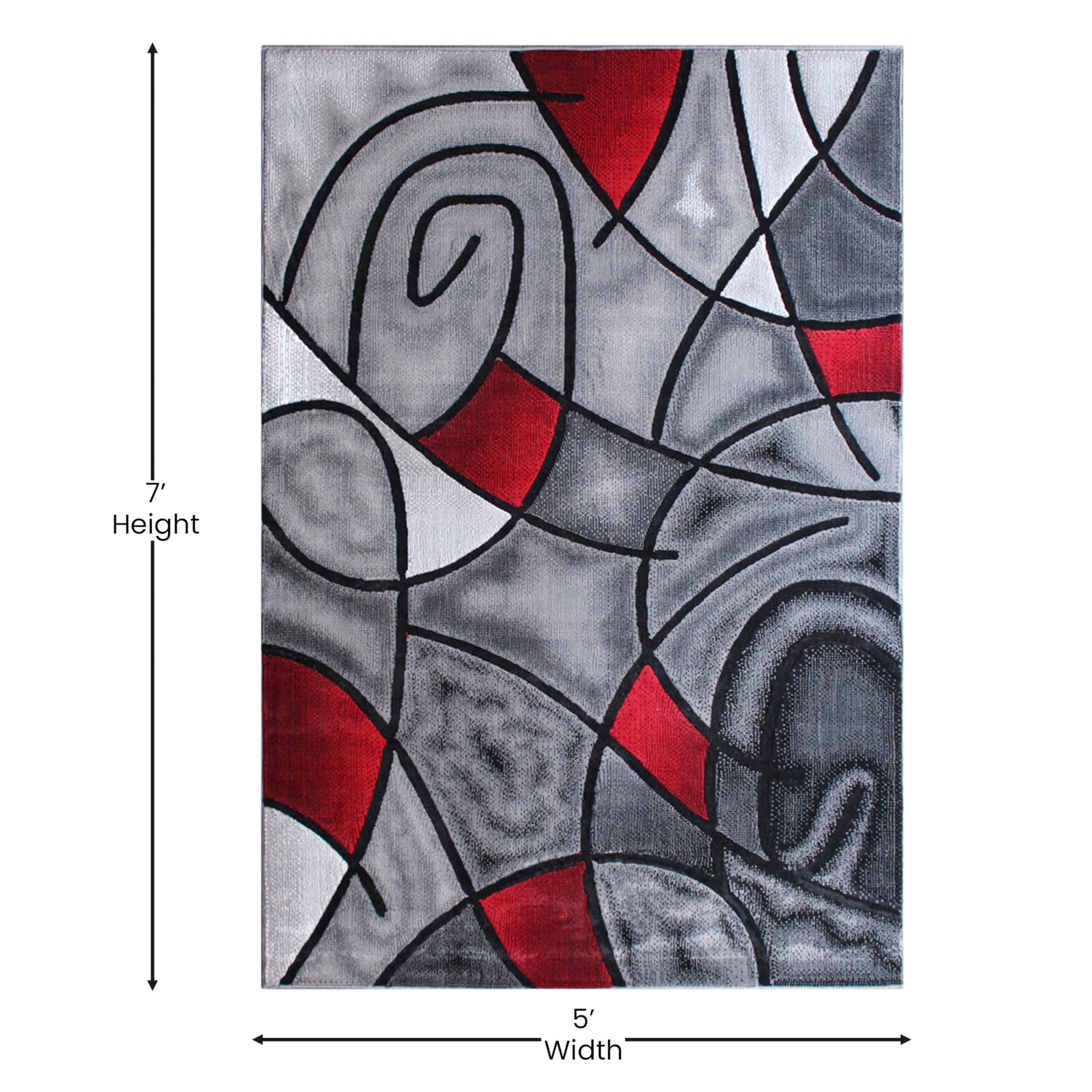 EMMA + OLIVER Urbane Round Plush Olefin Accent Rug - 5x7 Feet Abstract Geometric Pattern with Gradient Gray & Vibrant Blue - Moisture & Stain Resistant Indoor-Outdoor Rug for Living Room, Bedroom, or Office Decor
