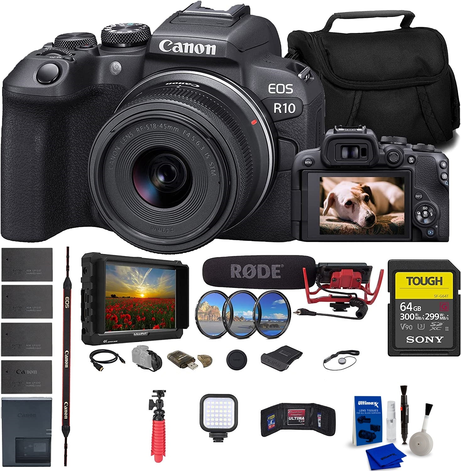Canon EOS R10 Mirrorless Camera Kit with 18-45mm Lens, 4K Monitor, Rode VideoMic, Sony 64GB SD Card & Accessories - Perfect for Vlogging, Travel Photography & Content Creation (5331C009)