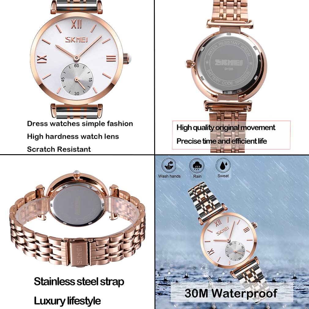 SKMEI Women's Luxury Stainless Steel Dress Watch - Classic Analog Quartz Waterproof Wristwatch for Business & Formal Occasions - Elegant Gold & Silver Design - Perfect Gift for Wife, Girlfriend & Ladies - Ideal for Office, Parties & Everyday Wear