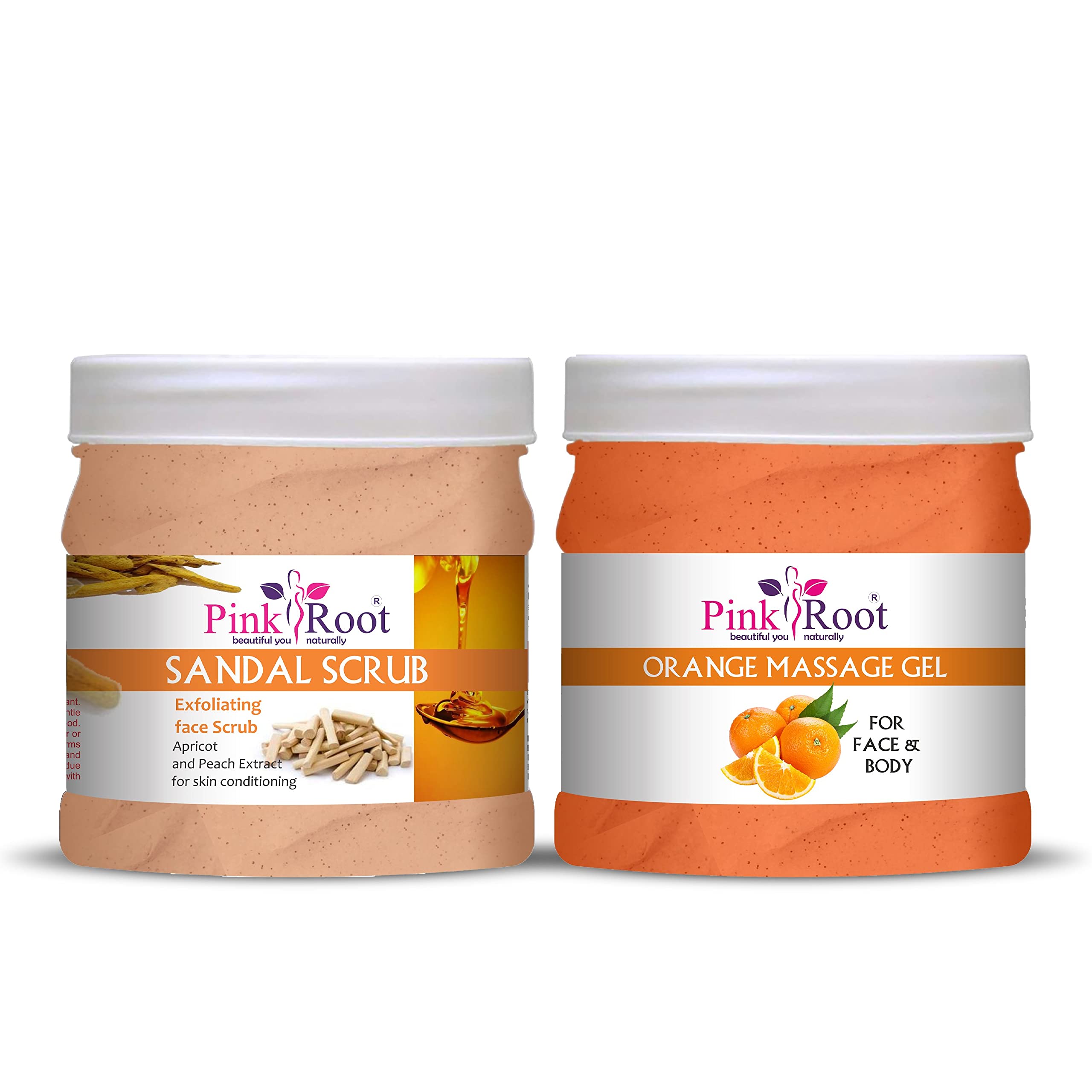 Pink Root Orange Massage Gel & Sandal Scrub Set - 500ml Each - Natural Aromatherapy for Relaxation & Exfoliation - Perfect for Spa, Home Massage & Skin Care