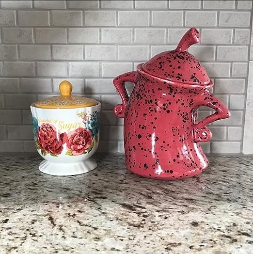 FBITE Fun Ceramic Cookie Jar Candy Dish - Rustic Farmhouse Kitchen Storage Canister with Attitude, Decorative Home Decor for Countertop - Perfect for Storing Cookies, Candies & Kitchen Essentials (Red)
