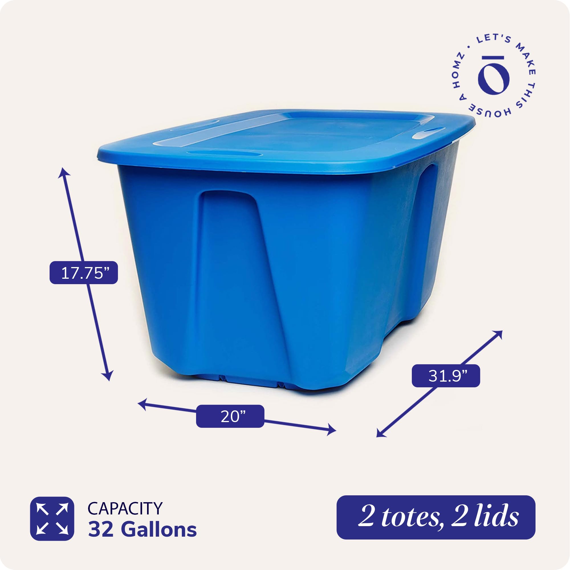 HOMZ 2-Pack Heavy Duty Plastic Storage Bins - 32 Gallon Organizing Containers for Home, Garage & Closet - Durable Stackable Blue Bins for Clothes, Toys & Seasonal Items Storage
