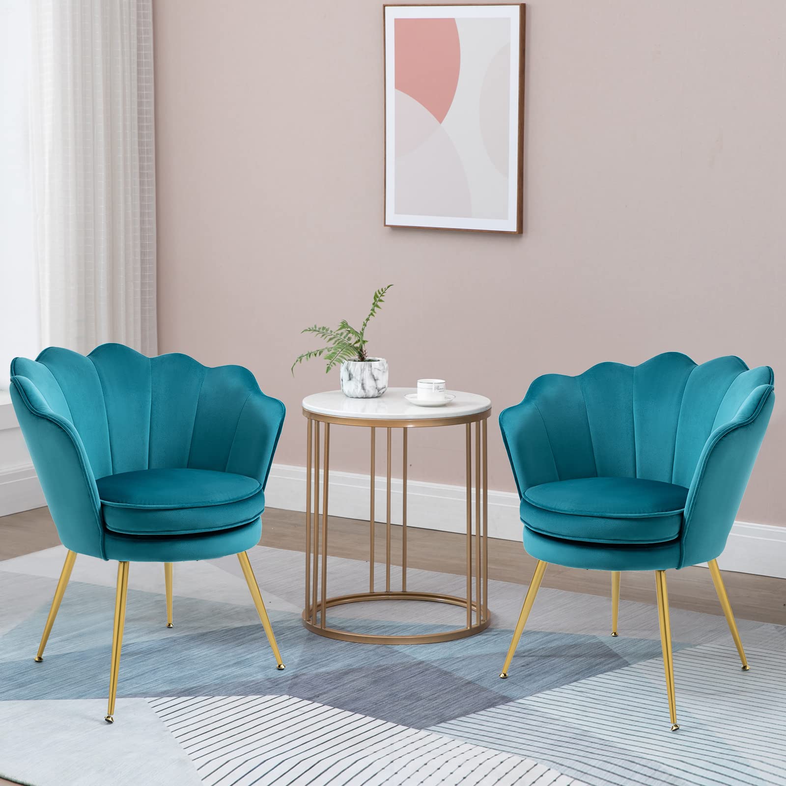 Teal Green Velvet Accent Chairs Set of 2 - Modern Living Room Armchairs with Golden Metal Legs, Comfortable Bedroom Vanity Chairs for Lounge, Reading Nook & Dressing Area