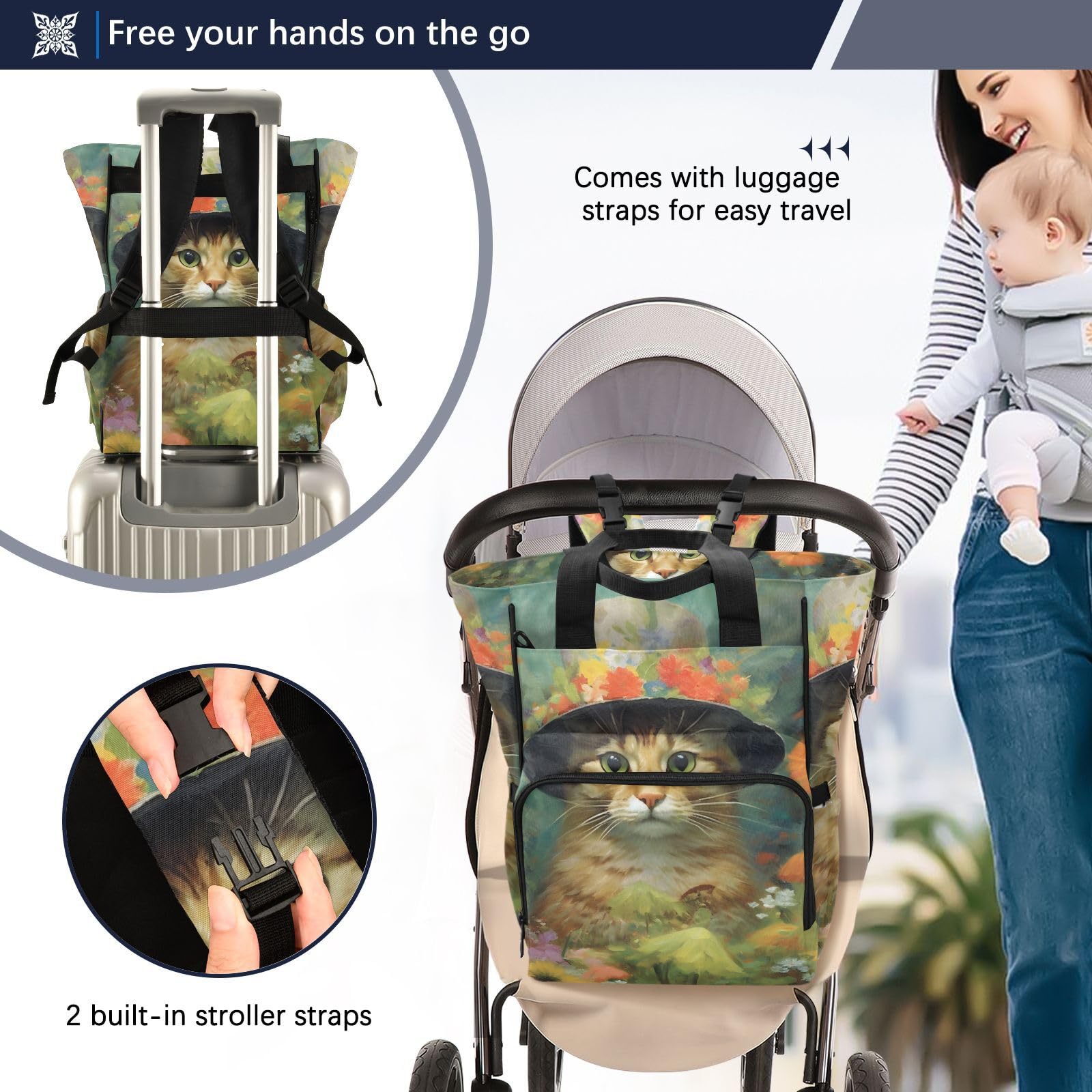 Stylish Cat Print Diaper Backpack with Insulated Bottle Pocket - Large Baby Changing Bag (11.02×5.91×15.3 IN) - Multicolor Travel Backpack for Parents - Perfect for Daycare, Outings & Family Trips