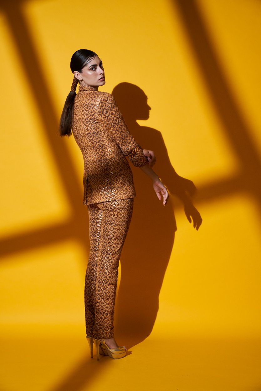 Kiara Advani Sequin Beige Brown Basket Weave Print Blazer & Pants Set - Women's Formal Office Wear & Party Outfit for Evening Events