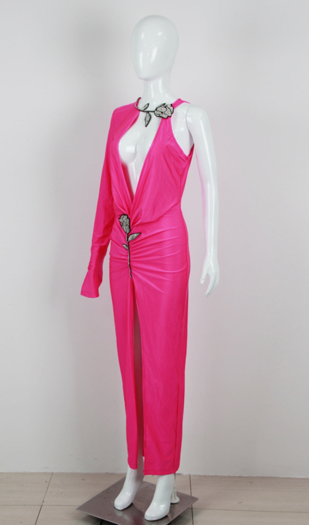 Elegant Crystal Flower Cutout Ruched Dress for Women - Perfect for Weddings, Parties & Special Occasions