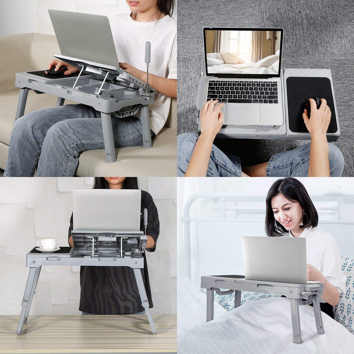 Adjustable Laptop Table for Bed with Cooling Fan, 4 USB Ports & LED Light - Foldable Portable Lap Desk for Sofa, Couch or Bed - Includes Storage Drawer & Mouse Pad (Grey) - Perfect for Home Office, Gaming & Streaming in Bed