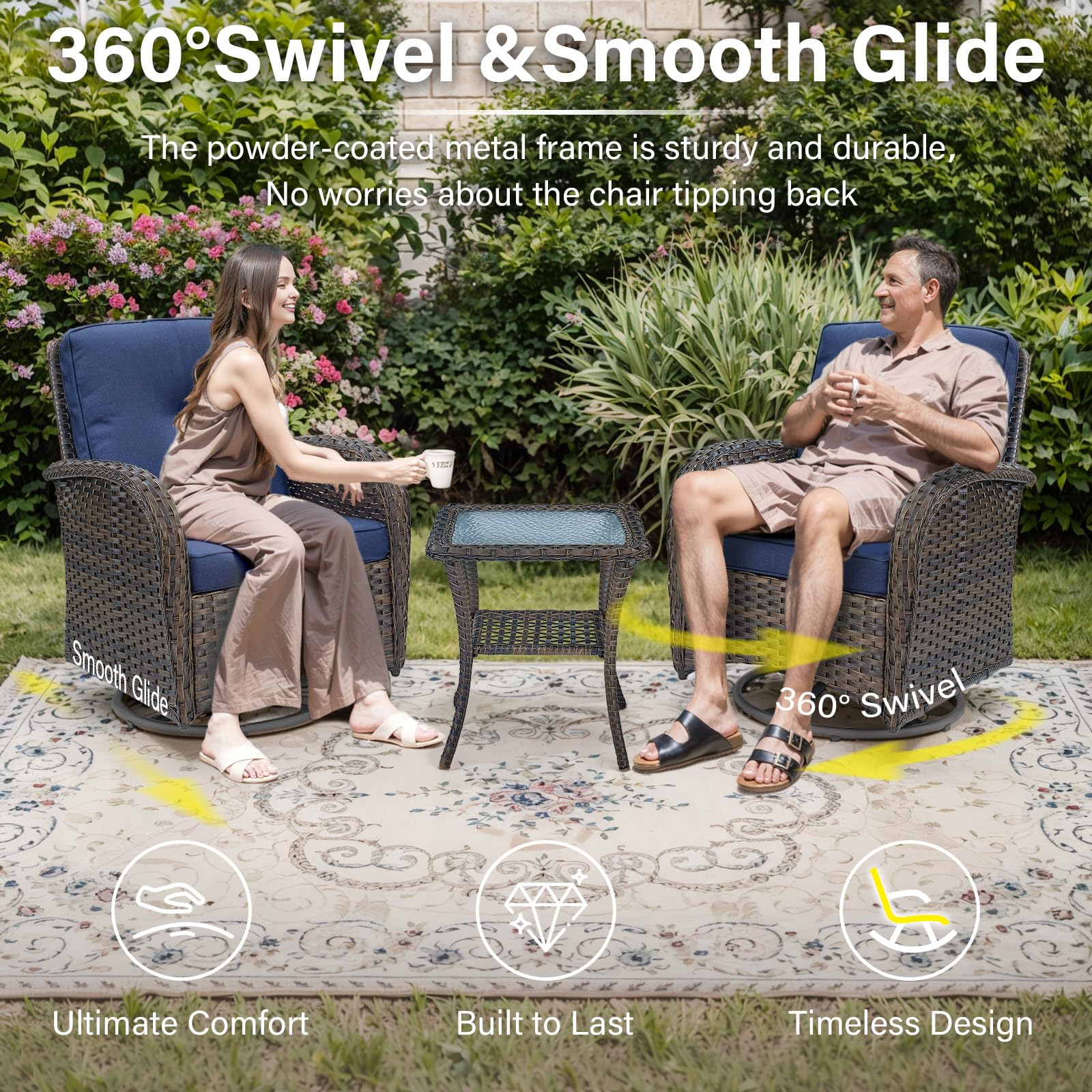 Outdoor Swivel Rocking Chairs Set of 2 with Rattan Side Table - Patio Wicker Swivel Glider Chairs 3-Piece Furniture Set for Deck, Porch, Pool (Brown/Blue) - Perfect for Relaxing, Lounging, and Entertaining Guests