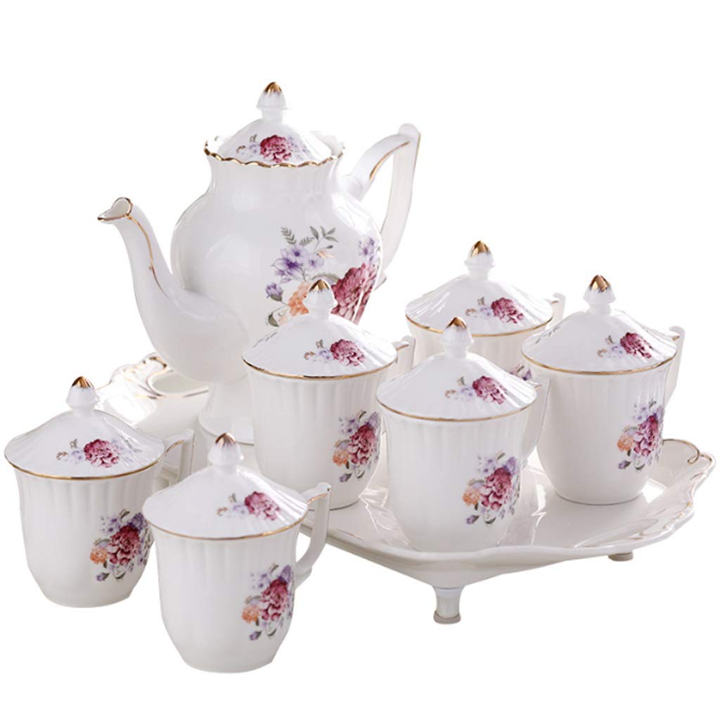 Premium White European Bone Porcelain Tea Set - 1 Large Teapot & 6 Matching Cups with Elegant Tray | Floral Design Luxury Teaware for Afternoon Tea, Coffee Break & Home Decor | Perfect Gift for Housewarming & Bridal Showers
