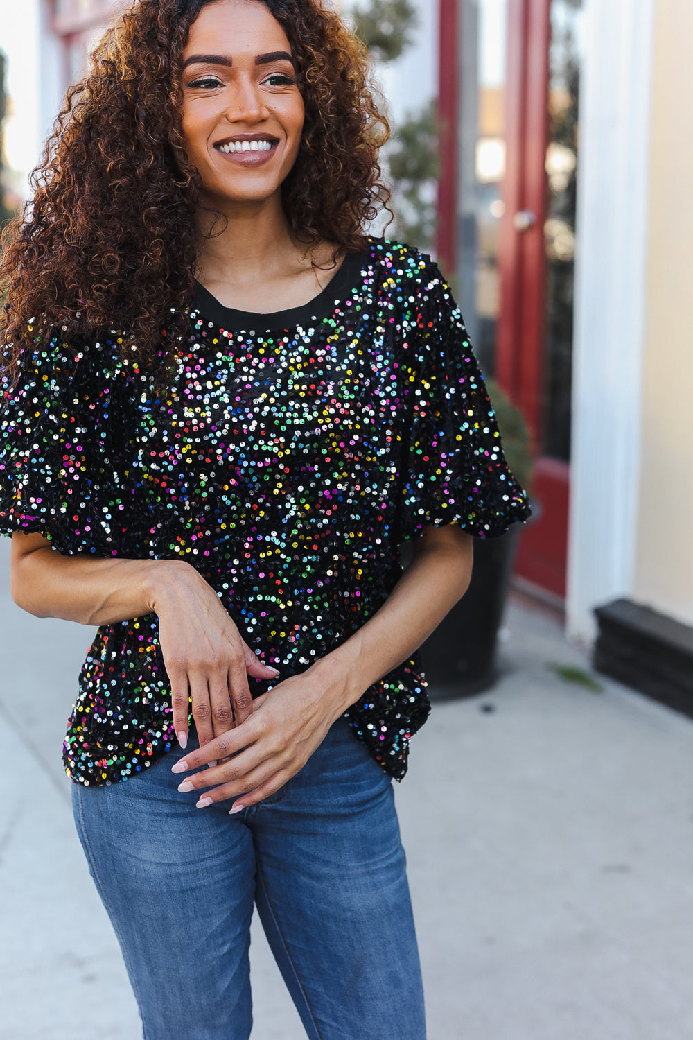 Black Velvet Multicolor Sequin Puff Sleeve Top for Women | Holiday Party & Christmas Outfit | Perfect for Festive Gatherings, NYE Celebrations & Special Occasions