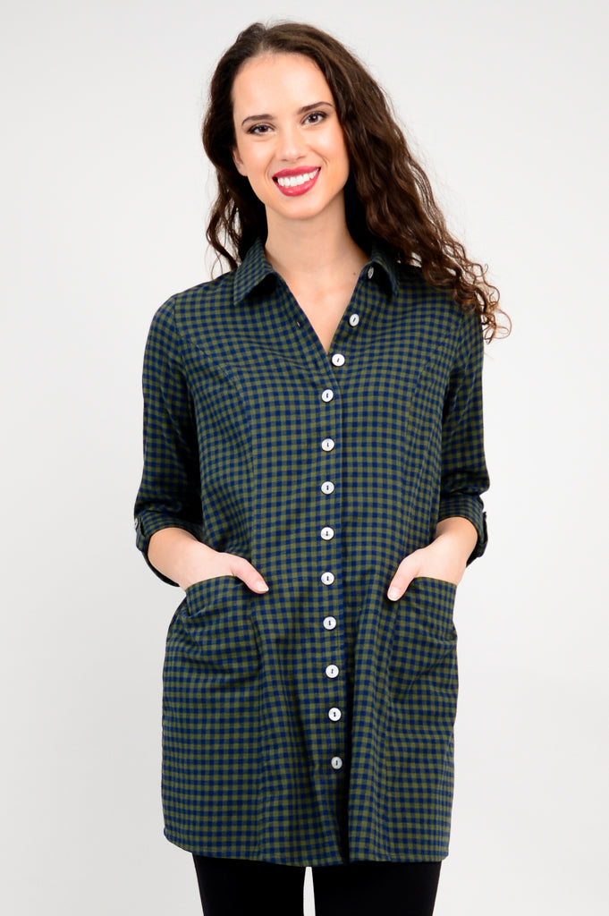 Larissa Tunic Top - Women's Cotton Flannel Shirt with Island Plaid Print - Casual Long Sleeve Button Down for Fall & Winter, Perfect for Office, Travel and Weekend Outings