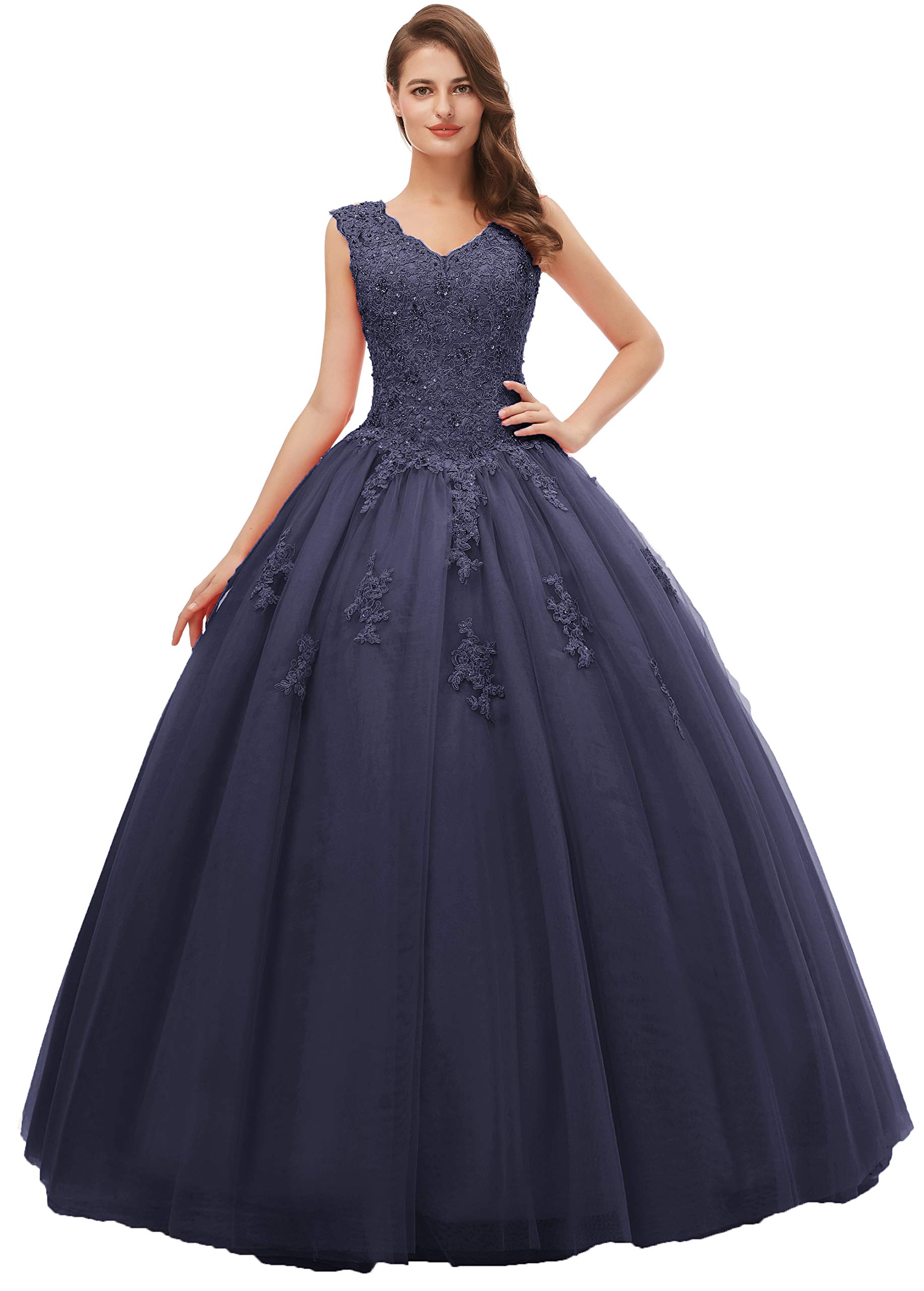 Elegant Navy Blue Quinceanera Dress for Women - V Neck Sleeveless Formal Gown with Embroidery & Beading | Sexy Open Back Prom Dress | Perfect for Quinceañeras, Proms, Weddings & Special Occasions