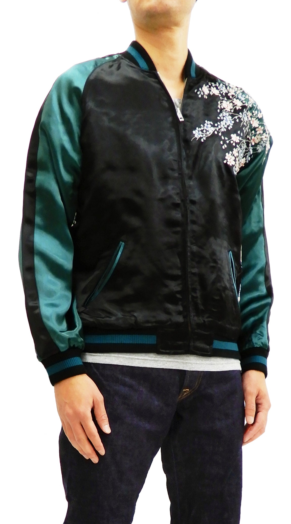 Hanatabi Gakudan Men's Japanese Souvenir Jacket with Wave Art & Sukajan Script - SSJ 025 | Vintage Bomber Style for Streetwear & Casual Outfits