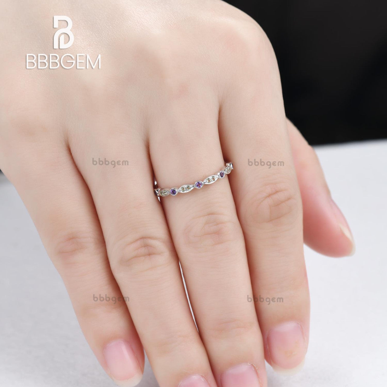 Marquise and Dot Amethyst Peridot Wedding Ring - Platinum Half Eternity Band for February & August Birthstones - Perfect for Anniversary, Engagement, and Bridal Jewelry Gifts