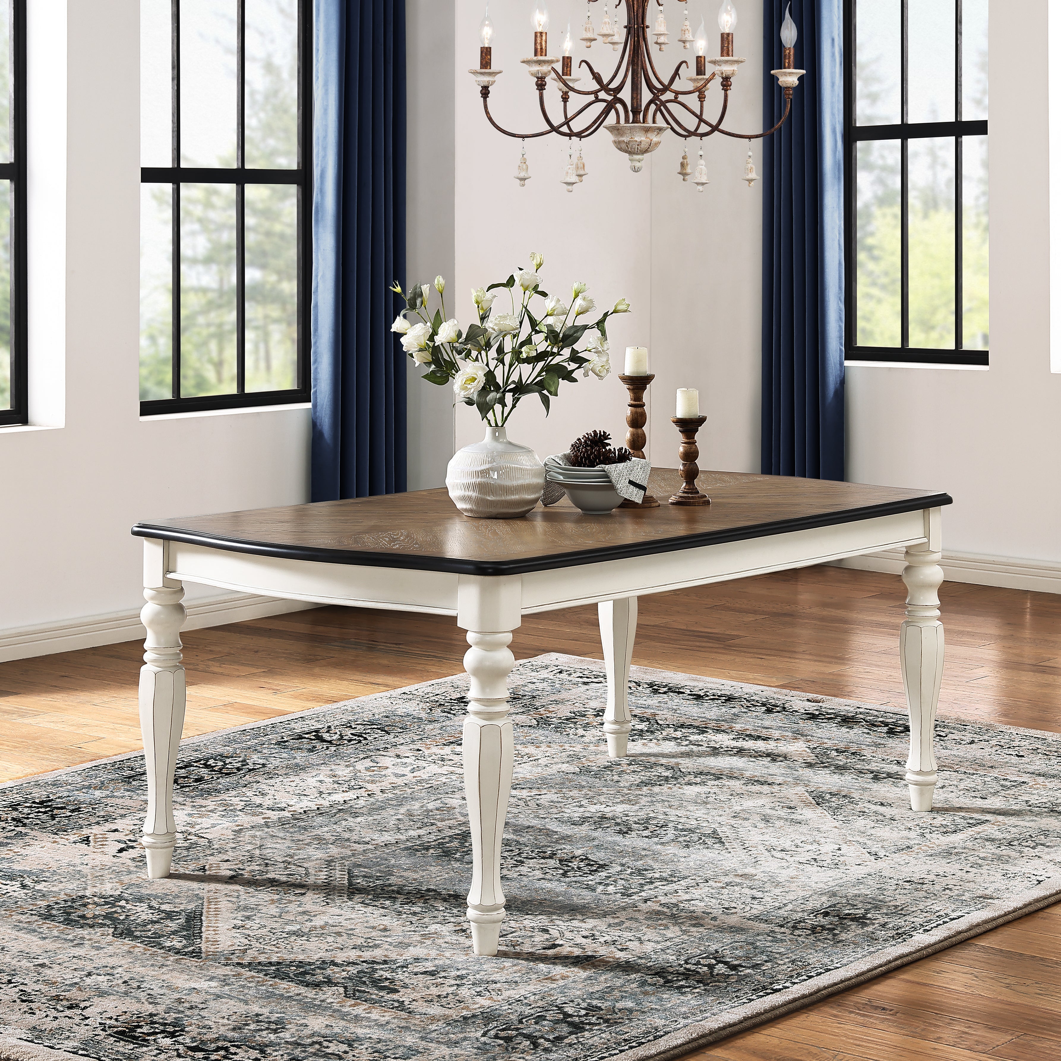 Roundhill Furniture Belleza French Country Dining Table - Antique White & Weathered Oak Finish | Farmhouse Style Kitchen Table for Dining Room & Breakfast Nook
