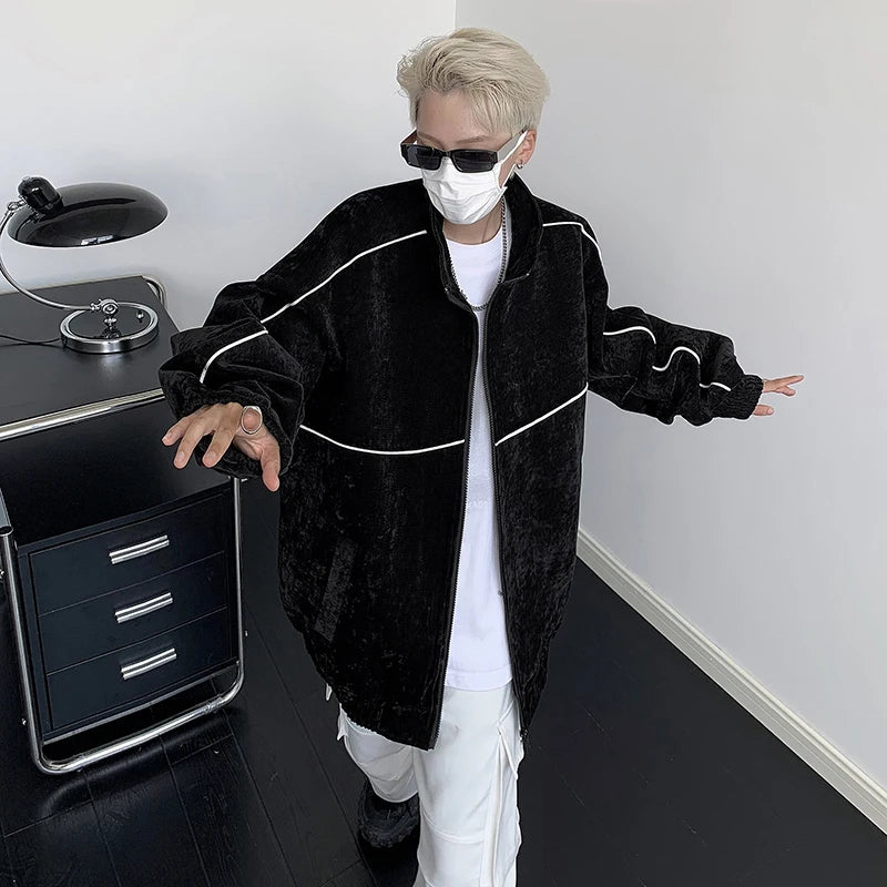 American Style Men's Loose Stand Collar Jacket - Vertical Stripe Contrast Color Casual Coat with Zippers | Trendy Streetwear for Fall & Winter | Perfect for Daily Wear, Outdoor Activities and Fashion Statements (Style 9C6596)