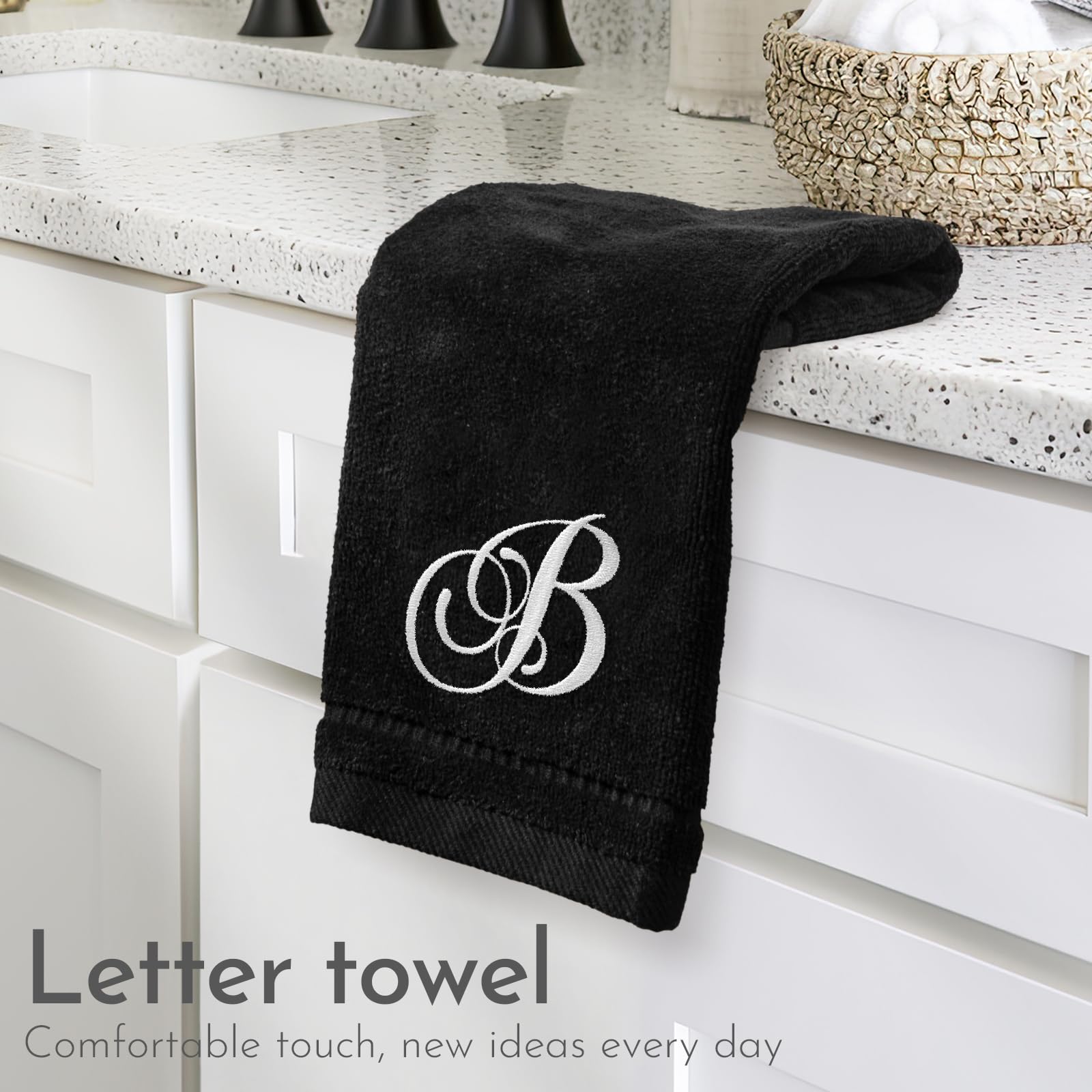 KLL Monogrammed Hand Towels Set - 100% Cotton Embroidered Bathroom Towels (11x18 Inches, Black, Letter B) - Soft & Absorbent Fingertip Towels for Guest Bathrooms, Powder Rooms & Spa Decor - Set of 2