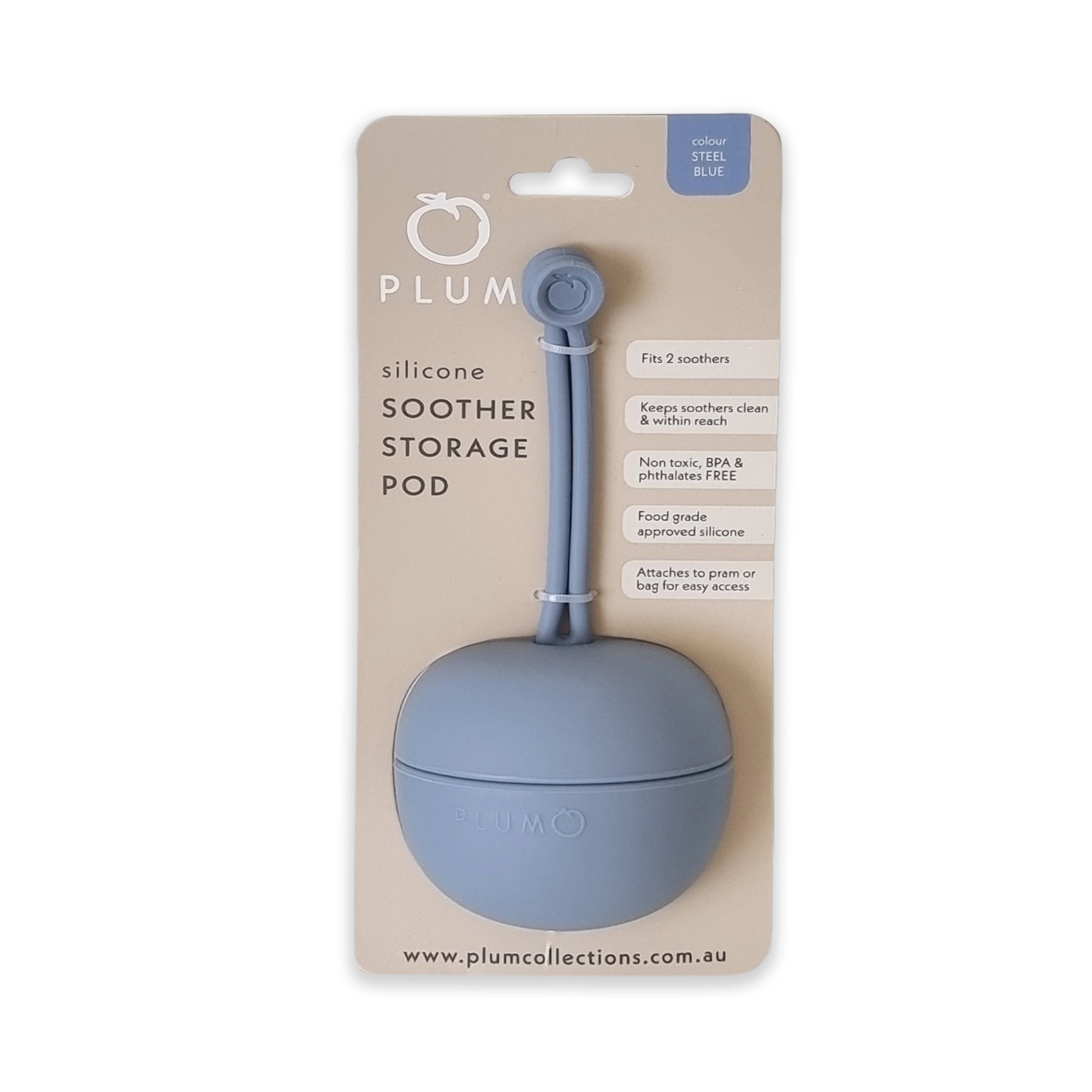 PLUM Soother Pod - Premium Baby Pacifier Holder with Clip, Steel Blue - Perfect for On-the-Go Parents & Toddlers at Home, Park, or Travel