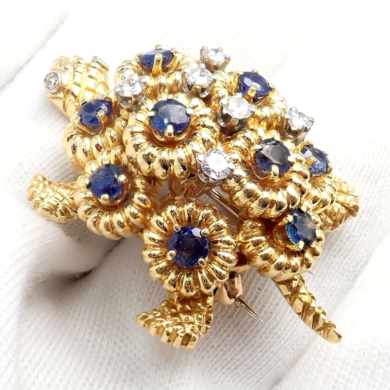 Authentic Tiffany & Co. 18k Yellow Gold Turtle Diamond Sapphire Brooch Pin - Vintage Luxury Jewelry Gift for Women, Perfect for Weddings & Special Occasions