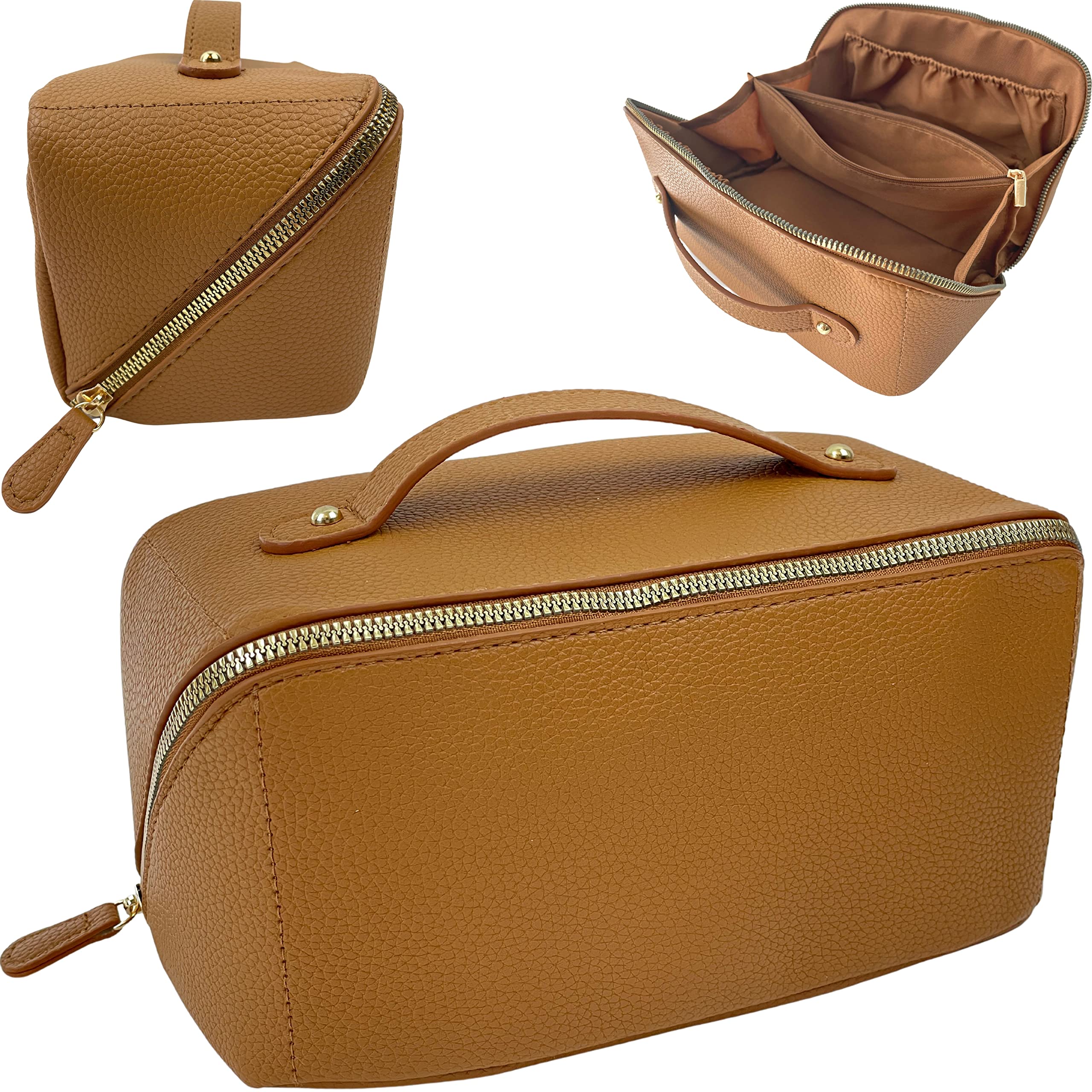 Large Capacity Waterproof Leather Travel Cosmetic Bag - Flat Opening Makeup Organizer with Multiple Compartments & Handle - Perfect for Toiletries, Makeup Storage & Travel Essentials (Ideal for Vacation, Business Trips & Daily Use)