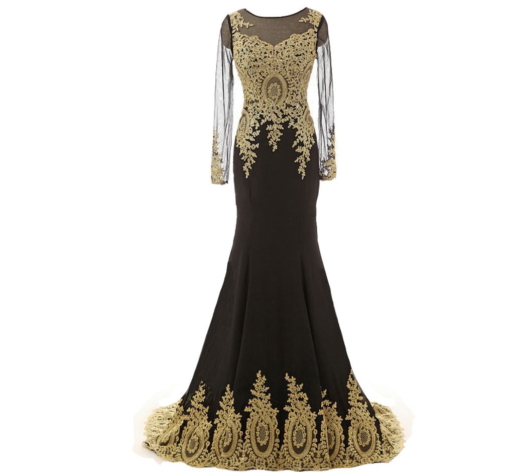 Elegant Lemai Spandex Sheer Long Sleeve Gold Lace Mermaid Evening Gown for Prom, Formal Dresses & Special Occasions - Perfect for Weddings, Galas and Black Tie Events
