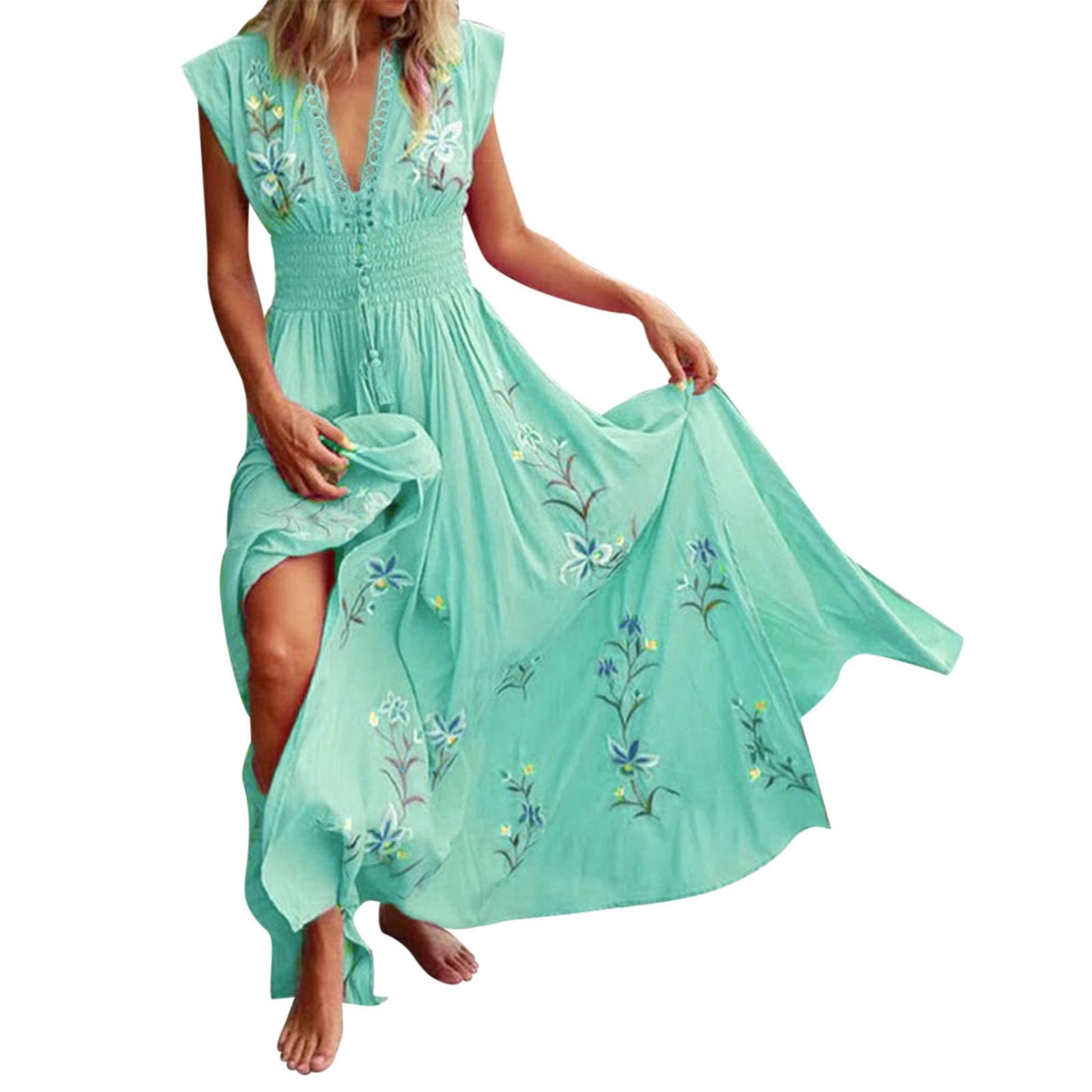 Women's Floral Print V-Neck Maxi Dress with Tummy Control - Short Sleeve Summer Beach Dress for Vacation & Casual Wear