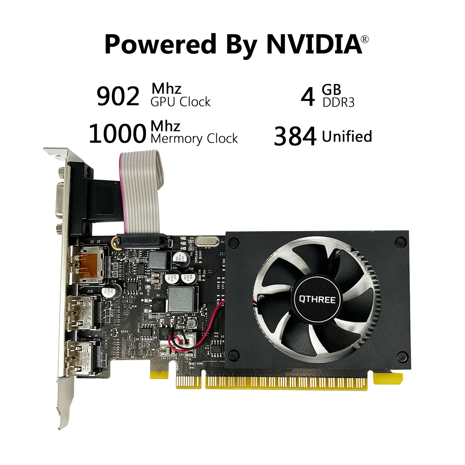 QTHREE GeForce GT 730 4GB 64Bit DDR3 Gaming Graphics Card with 2x HDMI, VGA, DP - Low Profile PCIe x8 2.0 Video Card for PC, Supports 4 Monitors, Windows 11 & DirectX 12 - Perfect for Gaming, Home Theater & Office Workstations