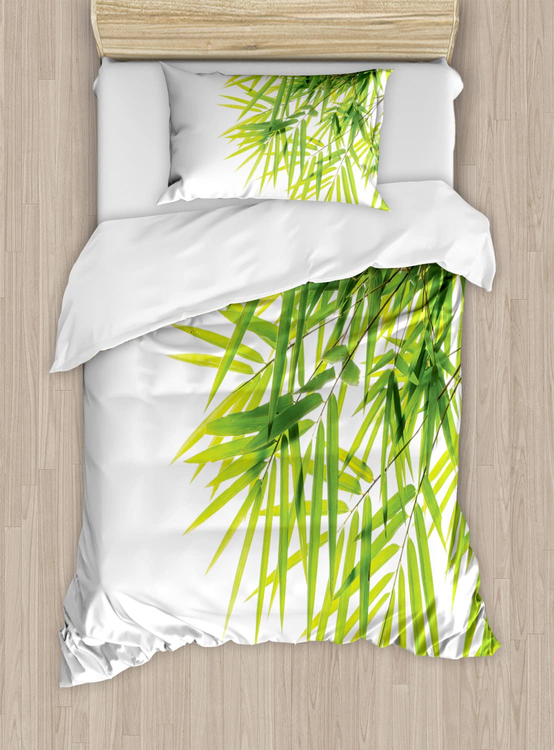 Ambesonne Asian Jungle Duvet Cover Set - Twin Size 2-Pack with Leaves Greenery & Branches Print, White & Green, Includes 2 Duvet Covers & 2 Pillowcases | Perfect for Asian-Themed Bedrooms, Nature-Inspired Decor, and Cozy Home Styling
