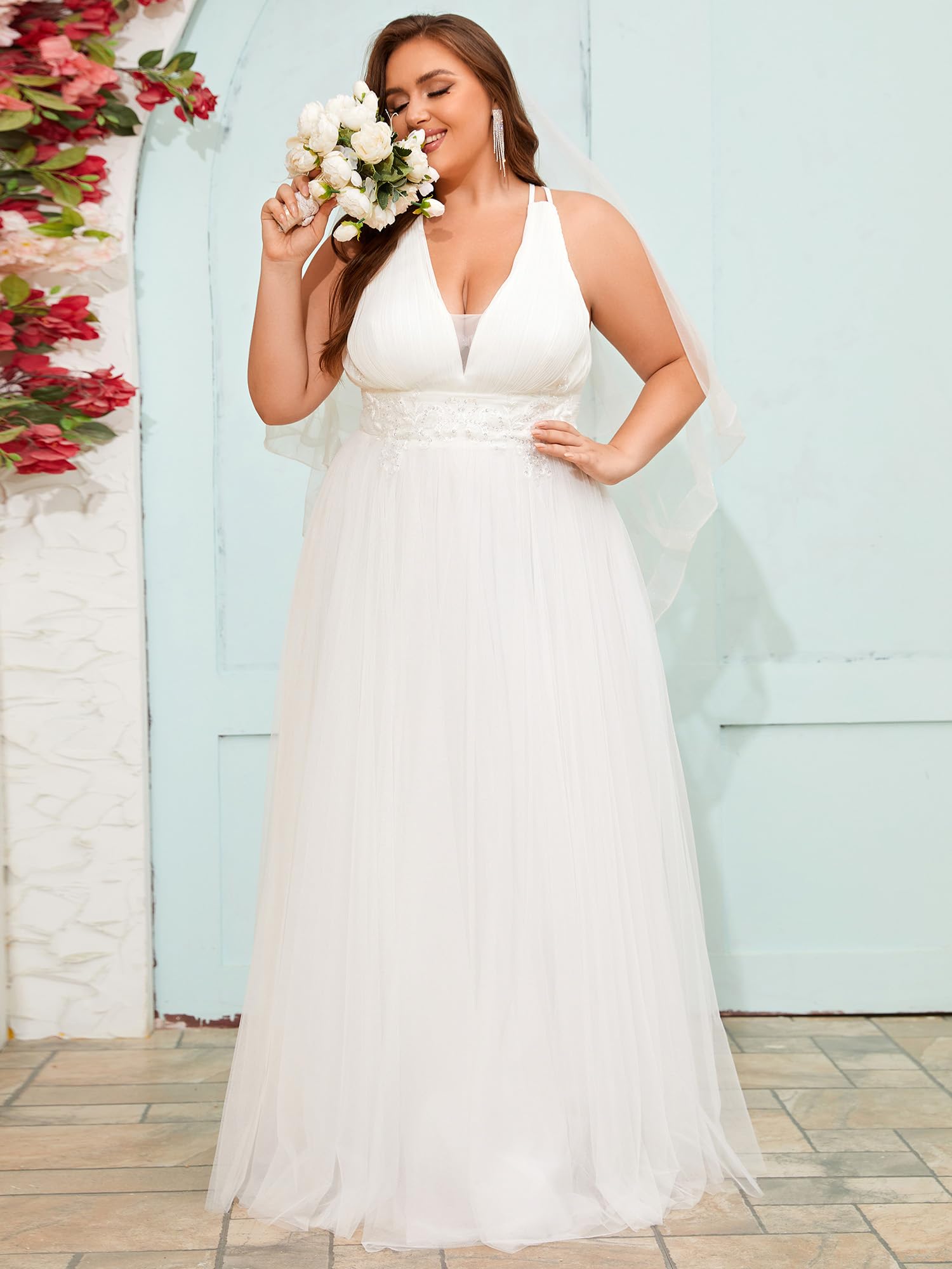 Ever-Pretty Plus Size Women's Summer V-Neck Sleeveless Applique Pleated A-Line Maxi Dress for Formal Evening Events - Elegant Wedding Guest & Cocktail Party Gown (Style 01946-DA)
