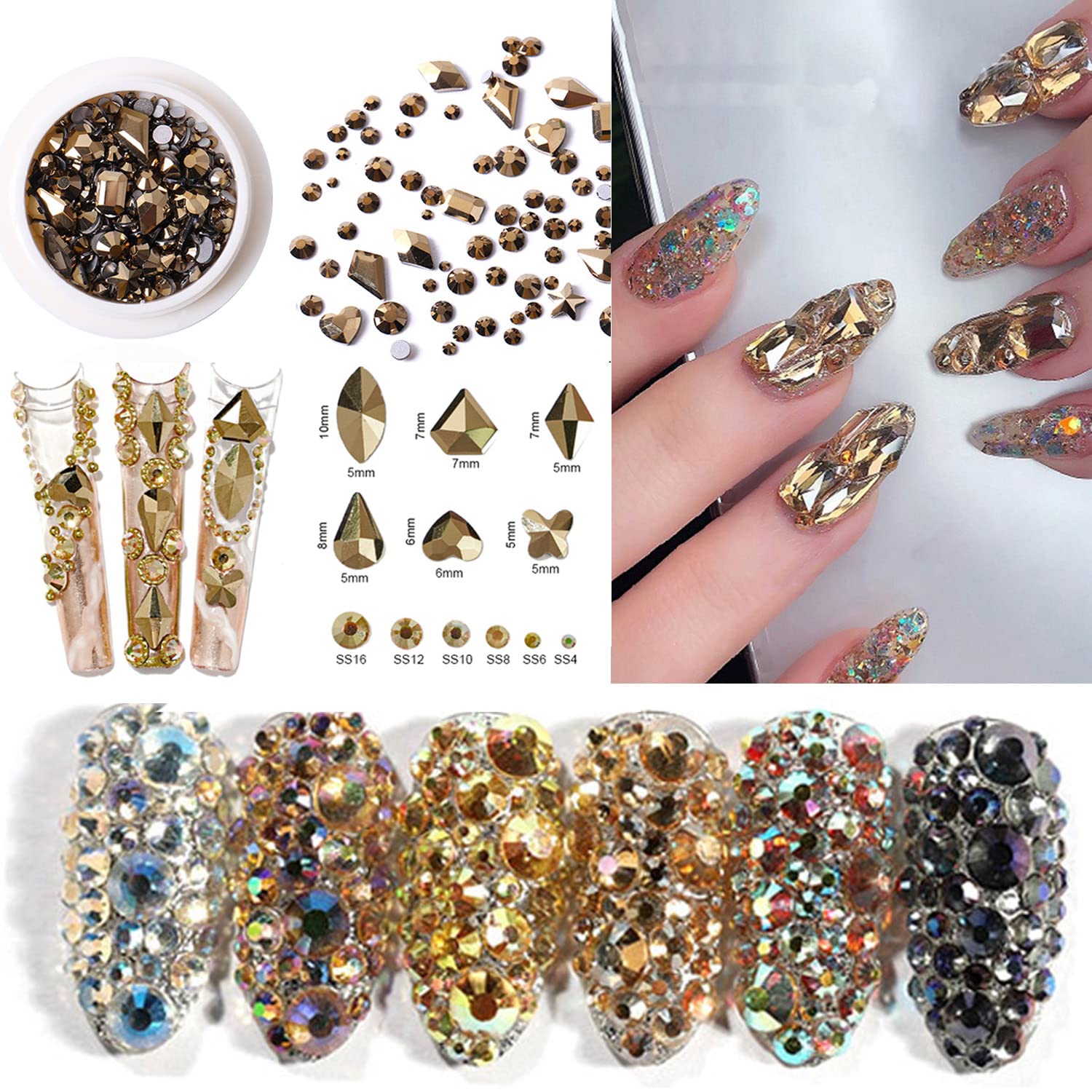 RODAKY 810Pcs 3D Gold Crystal Rhinestones for Nail Art - Flatback Gems in Multiple Shapes for DIY Nail Design, Makeup & Jewelry Crafting - Perfect for Salon, Home Manicure and Party Glam Looks