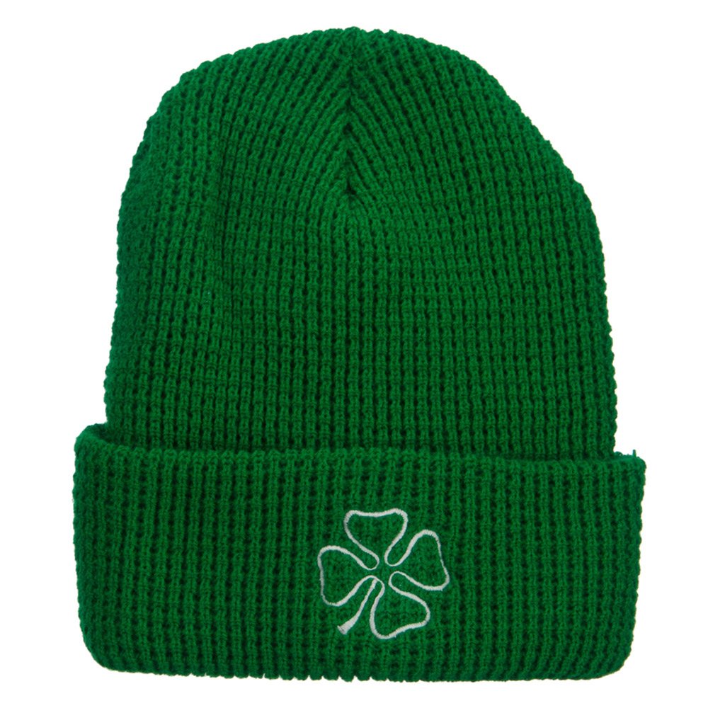 Lucky Clover Embroidered Waffle Knit Beanie Hat for Men & Women - Soft Stretchy Winter Skull Cap for Big Head - Perfect for Outdoor Activities, Skiing, Hiking and Cold Weather Fashion