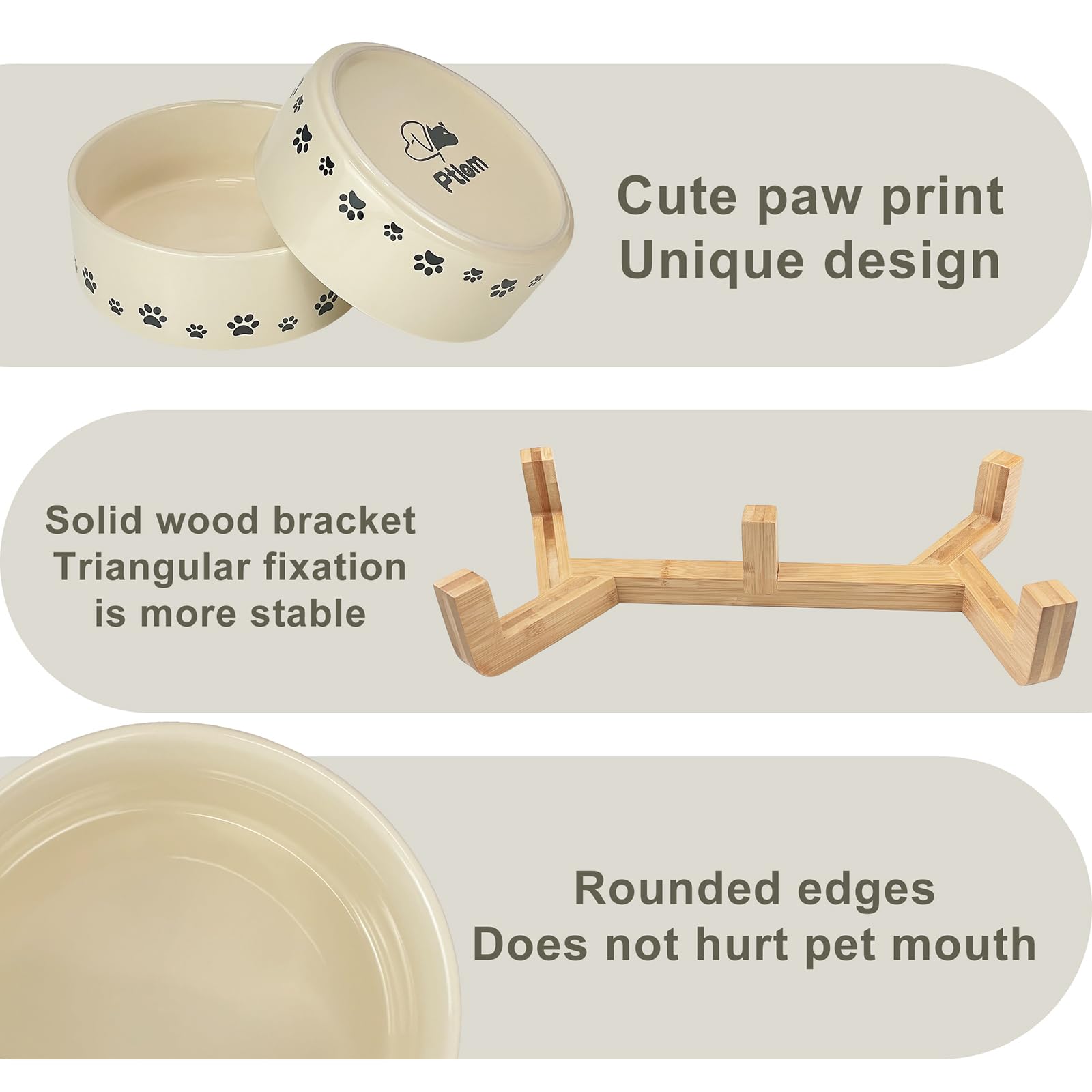 Ceramic Raised Dog and Cat Bowls Set with Anti-Slip Wooden Stand - Weighted Pet Food & Water Dishes for Small, Medium & Large Pets - 14oz Beige - Perfect for Home, Kitchen, and Outdoor Feeding Stations