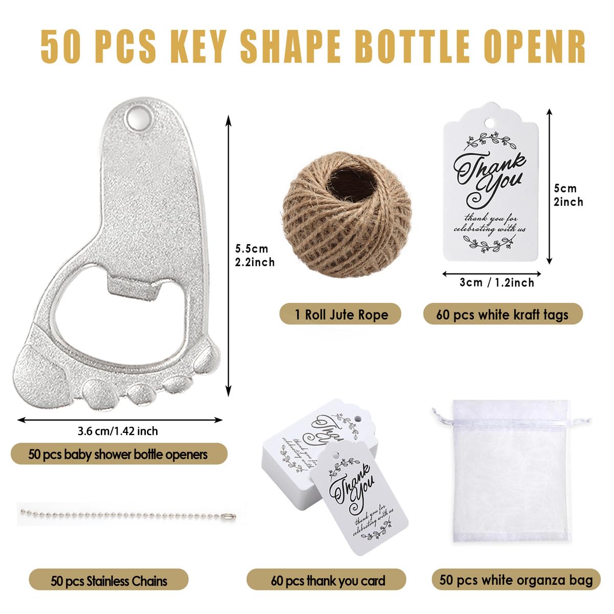 50 PCS Baby Footprint Keychain Bottle Openers - Silver Keepsake for Baby Showers, Baptism, Christening & Birthday Party Favors with Organza Gift Bag - Perfect for Newborn Gifts & Event Souvenirs