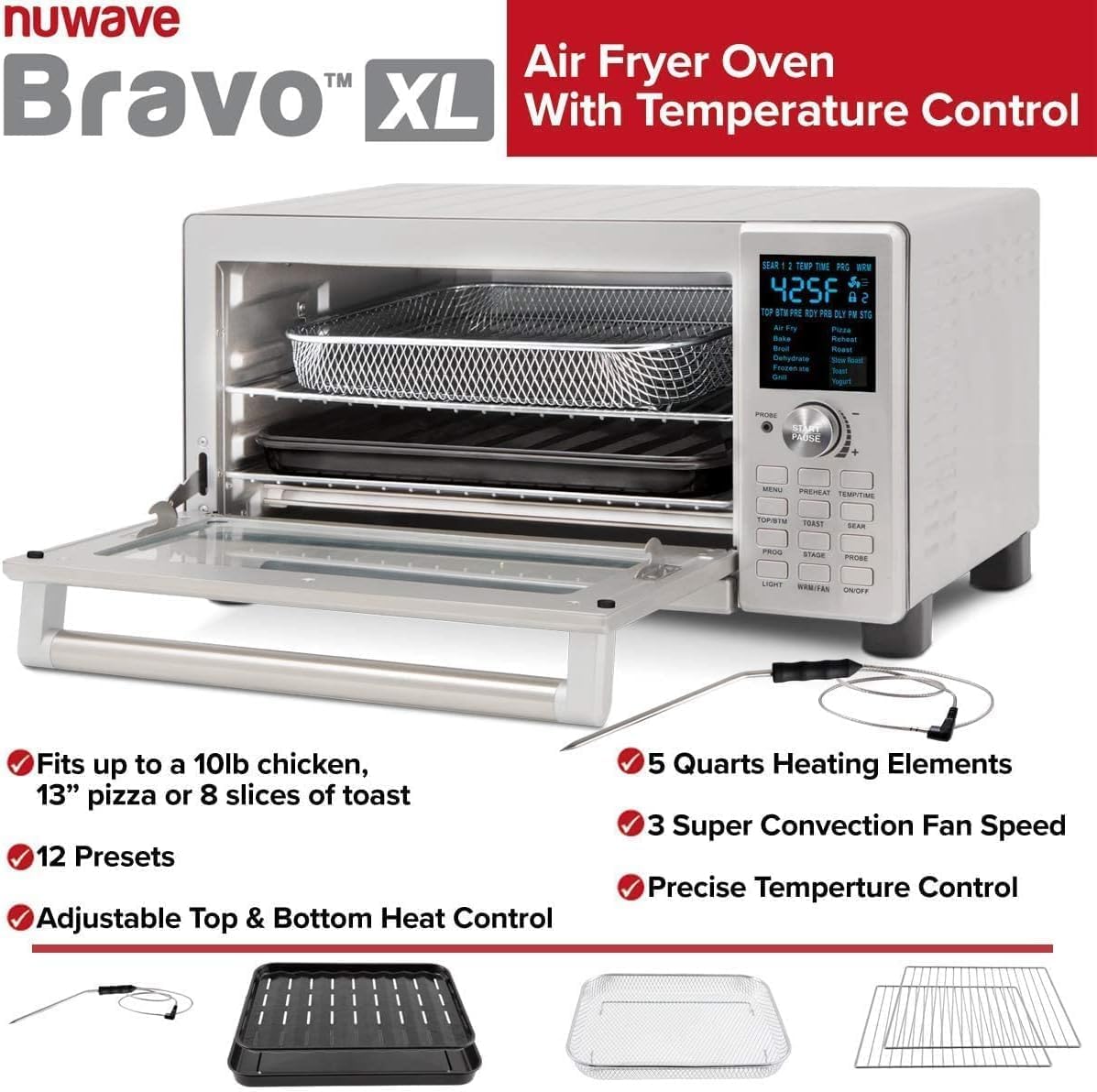 Nuwave Bravo 12-in-1 Air Fryer Toaster Oven with Convection - 30 Quart XL Capacity, 50°F to 500°F Temperature Control, Adjustable Top & Bottom Heaters (0%-100%), Brushed Stainless Steel - Perfect for Baking, Roasting & Air Frying in Small Kitchens