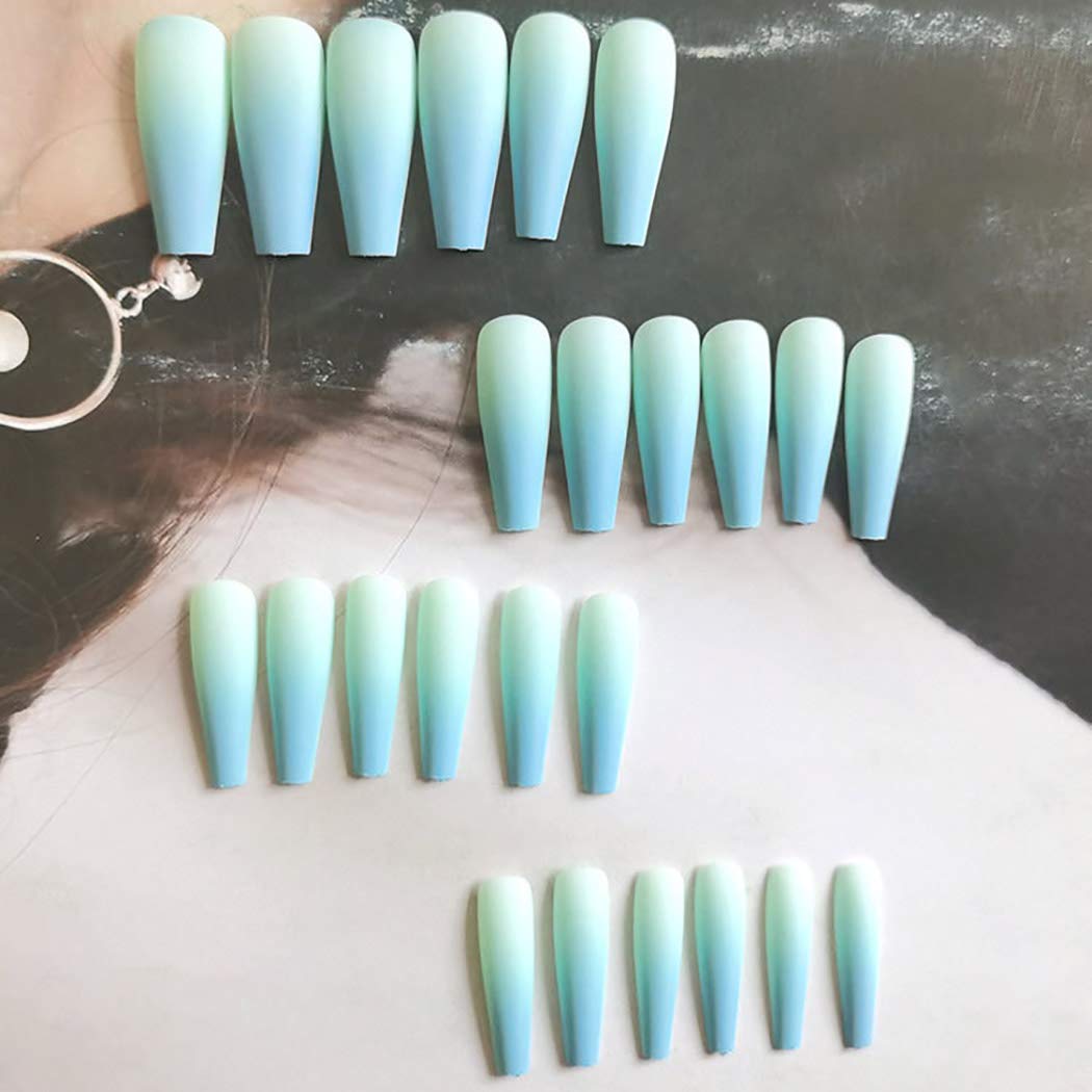 Gradient Blue Press on Nails - Extra Long Coffin Matte Fake Nails 24Pcs | Full Cover Acrylic Nails for Women & Girls | Perfect for Parties, Weddings & Special Occasions