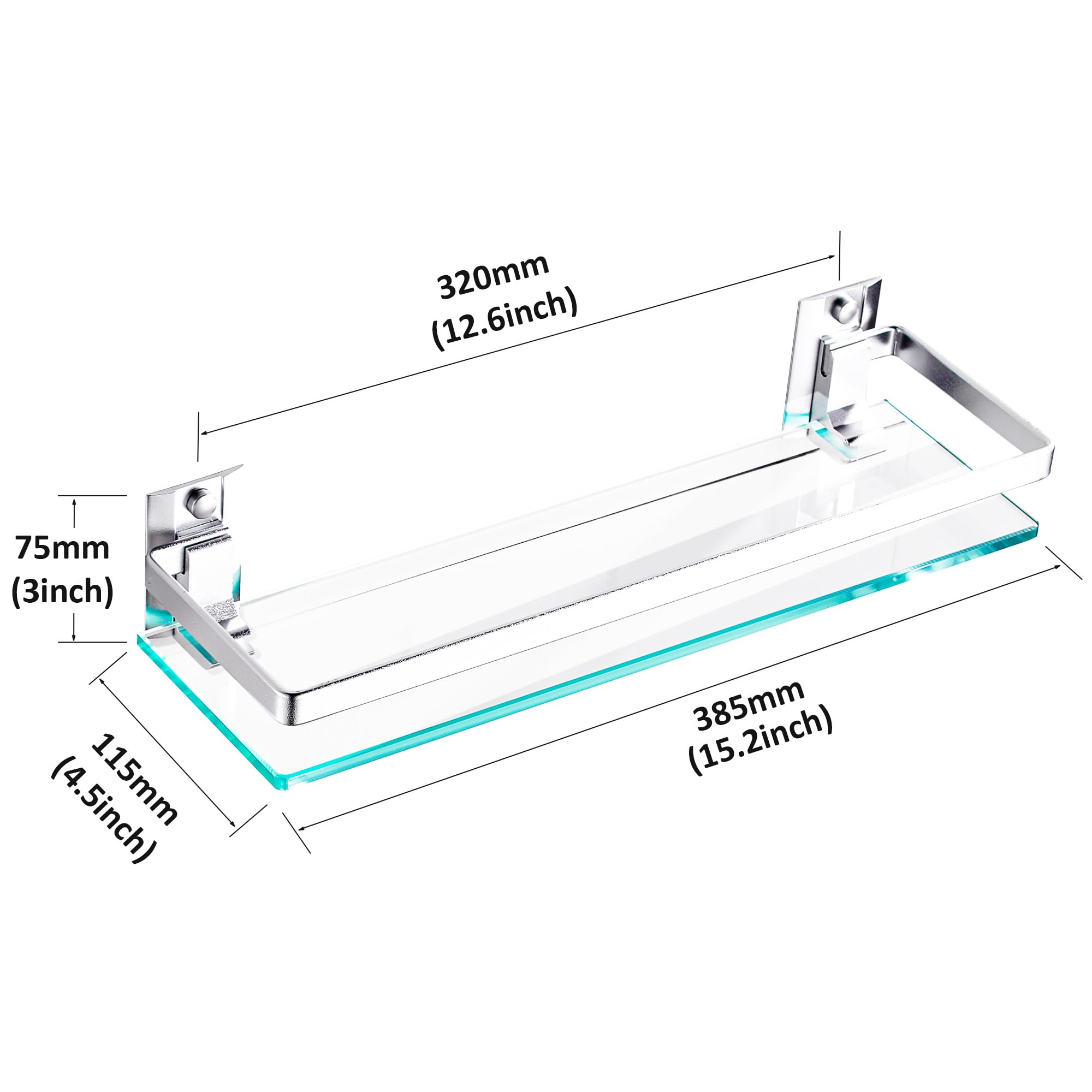 Premium Tempered Glass Bathroom Shelf with Upgraded Bracket - Silver Rectangular Shower Organizer (2 Pack) for Bathroom Storage & Spa Decor - Perfect for Shampoo, Soap & Towel Organization in Showers, Vanities & Spa Areas