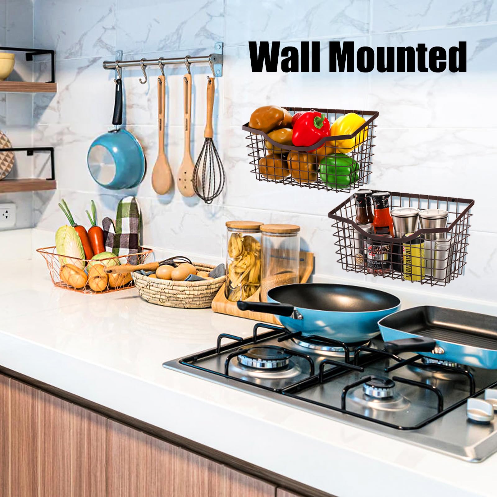 Nicunom 2-Pack Large Metal Wire Wall Mount Baskets - Over Cabinet Door Hanging Organizer for Kitchen, Bathroom & Pantry Storage (Bronze) | Space-Saving Home Organization Solution