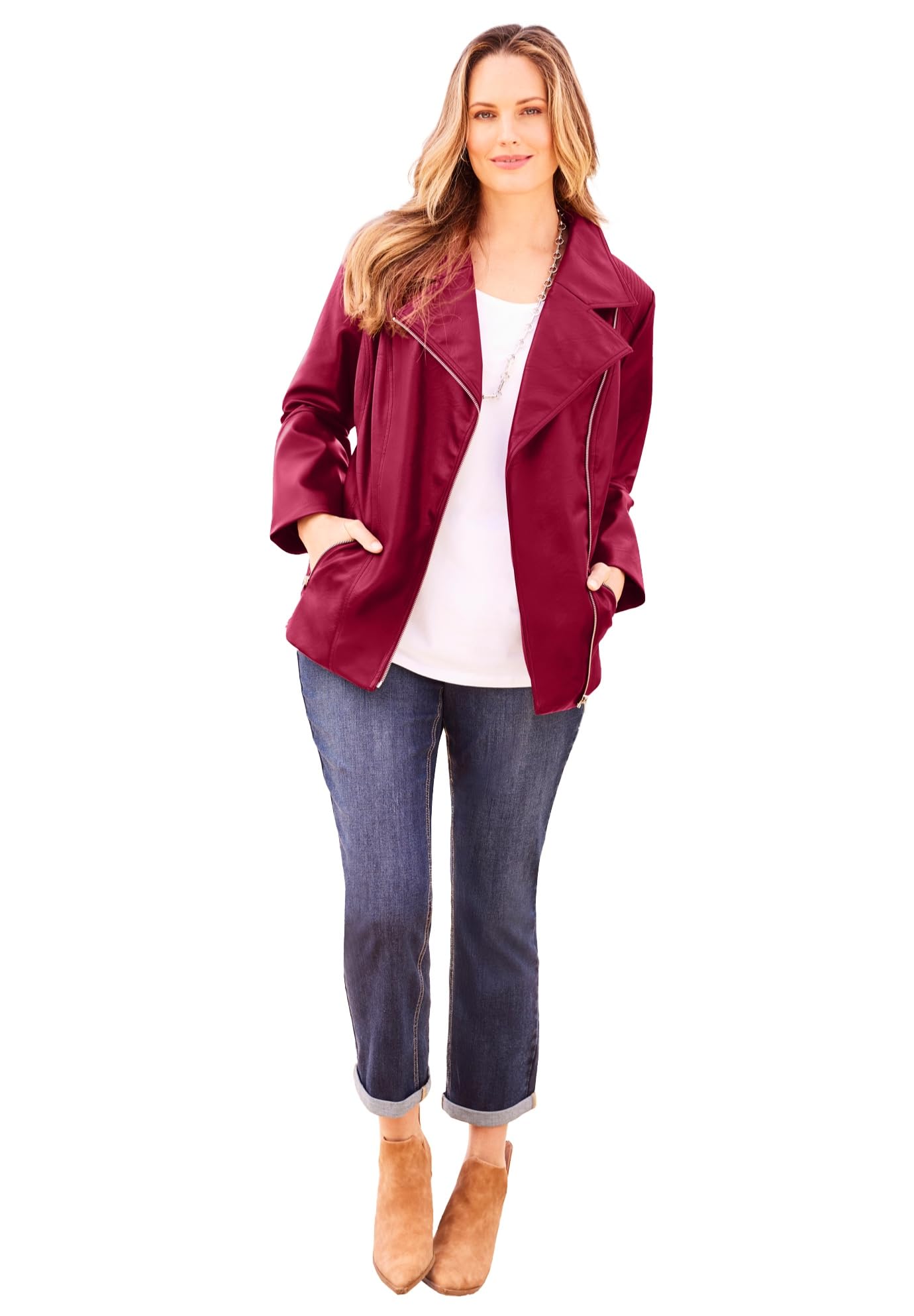 Catherine's Women's Plus Size Petite Faux Leather Moto Jacket - Stylish & Comfortable Biker Jacket for Curvy Petite Women | Perfect for Casual Outings, Date Nights & Fall Fashion