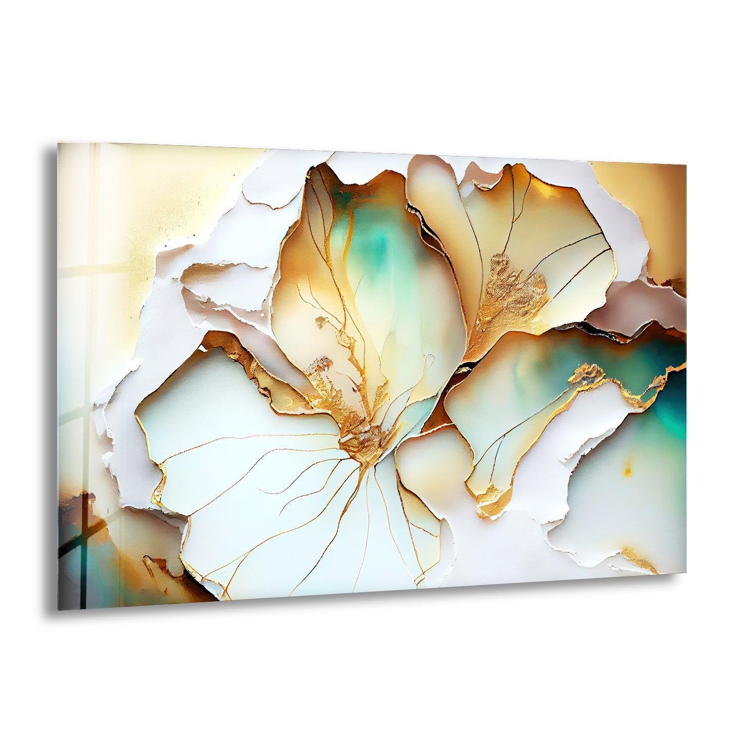 Abstract White Gold Flower Glass Wall Art - Modern Home Decor for Living Room, Bedroom & Office - Elegant Handmade Glass Painting for Unique Interior Design