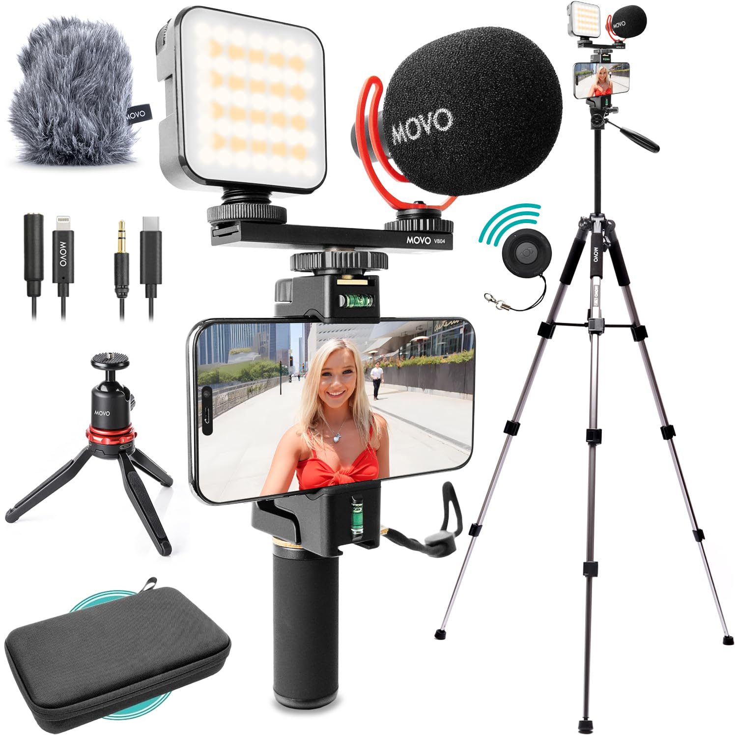 Movo iVlogger-PRO Complete Vlogging Kit with Adjustable Tripod for iPhone & Android - USB-C/Lightning YouTube Starter Kit with RGB Light & Shotgun Mic - Perfect for Content Creators, Live Streaming & Social Media Videos