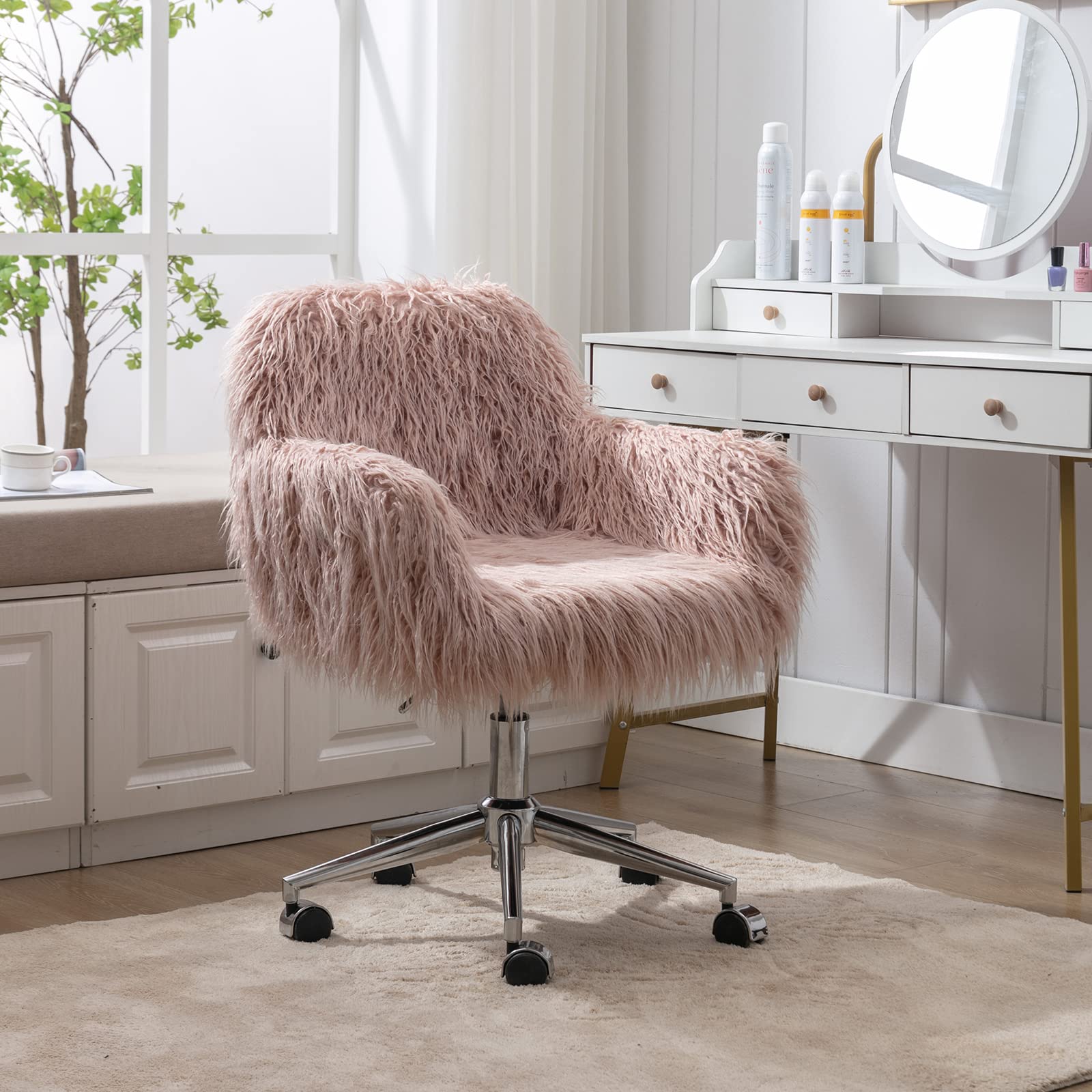 Luxury Faux Fur Swivel Chair with Padded Seat - Modern Adjustable Height Vanity Accent Chair for Living Room, Bedroom & Home Office - Soft Pink Makeup Chair for Women's Dressing Room & Beauty Salon