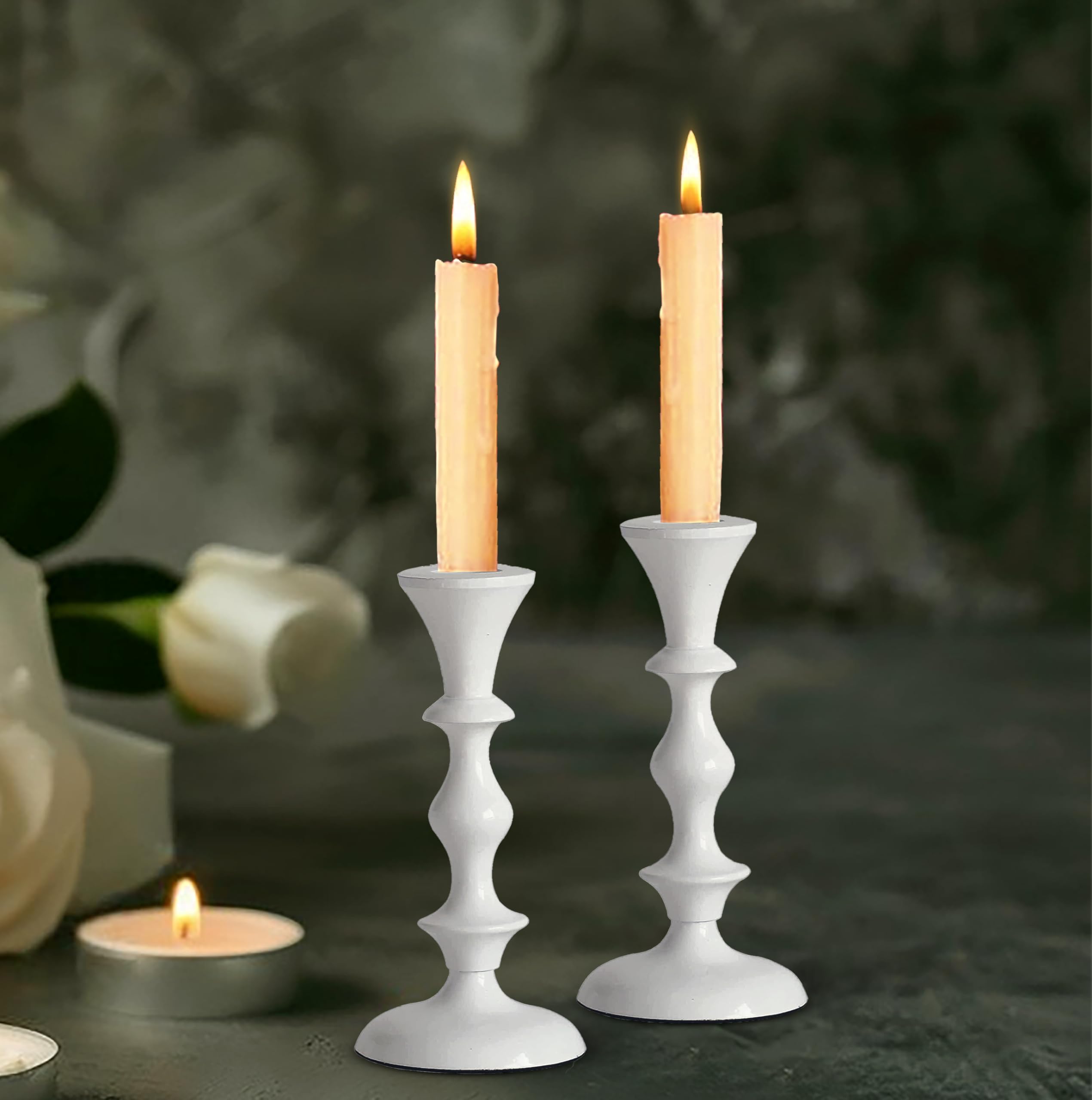 Elegant White Candle Holders Set of 2 - Decorative Taper Candle Sticks for Wedding, Dinner Party & Home Decor - Perfect Centerpiece for Romantic Tablescapes, Holiday Decorations and Special Occasions