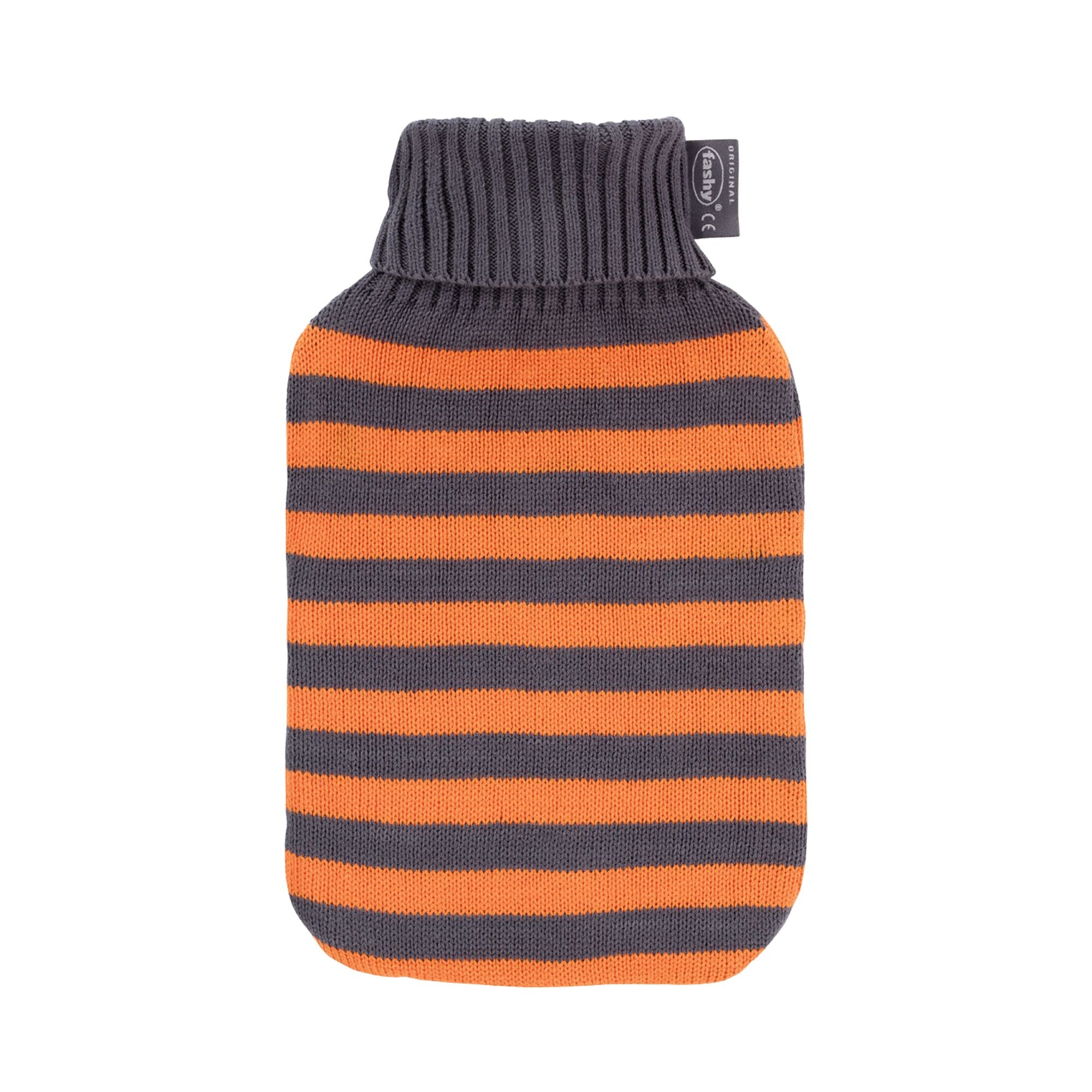 2 Liter Fashy Hot Water Bottle with Grey & Orange Striped Knit Cover - Warm & Cozy for Winter Nights, Period Pain Relief, and Cold Weather Comfort