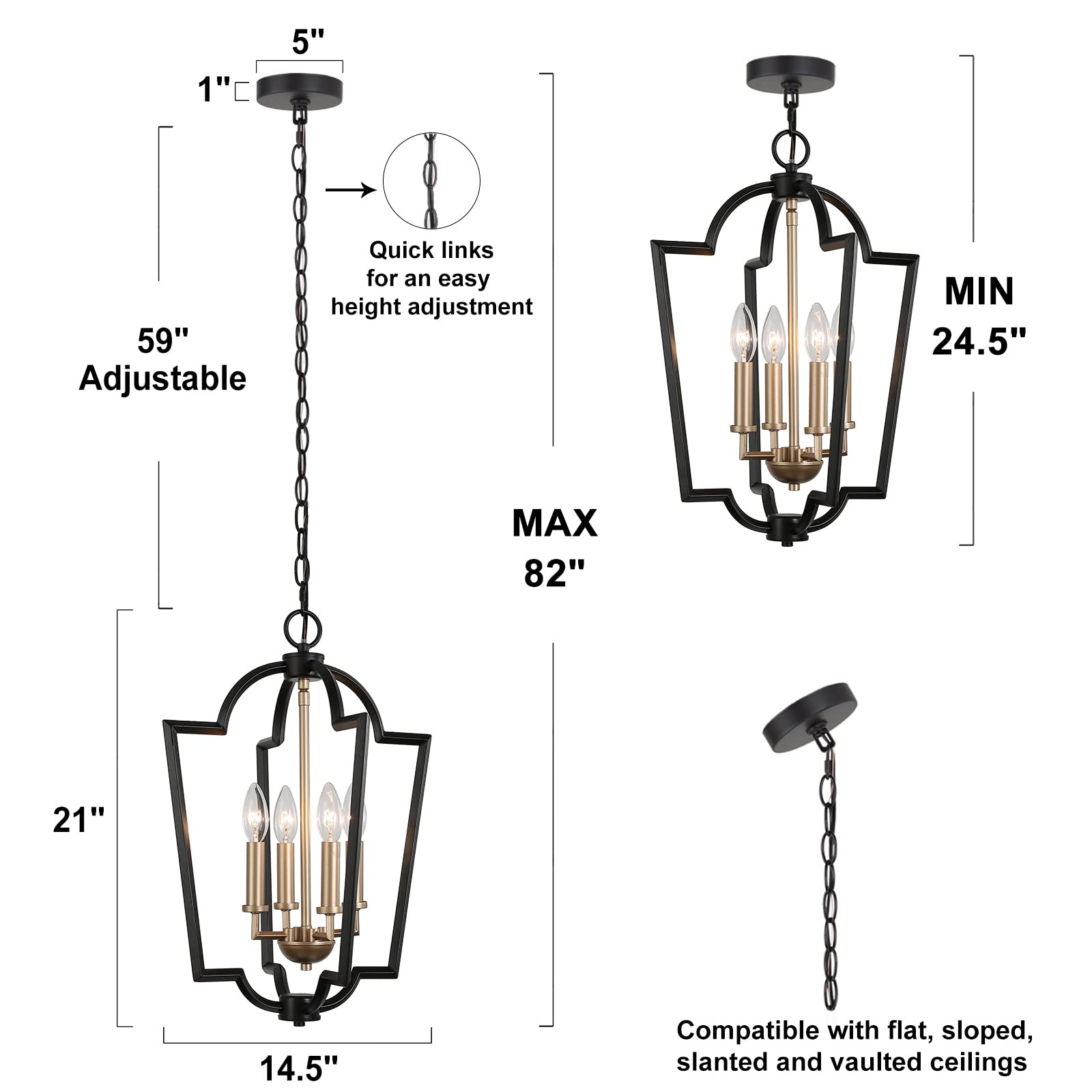 Modern Black & Gold Chandelier - 4-Light Lantern Pendant Light Fixture for Kitchen Island, Dining Room, Living Room, Bedroom, Foyer & Entryway | Elegant Lighting for Home Decor & Interior Design
