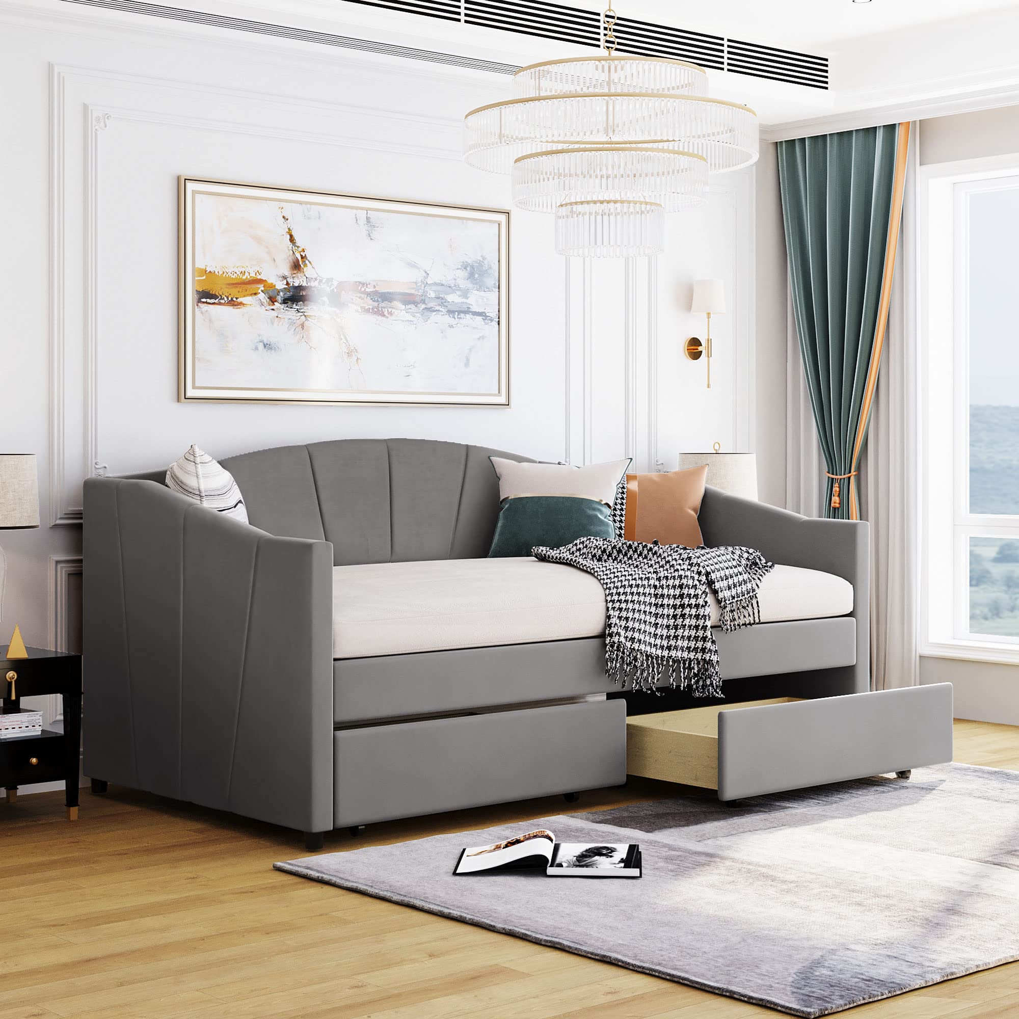 SOFTSEA Velvet Twin Daybed with 2 Drawers - Tufted Upholstered Sofa Bed Frame with Wood Slat Support for Bedroom & Living Room (Gray) | Perfect for Guest Room, Small Space & Studio Apartment